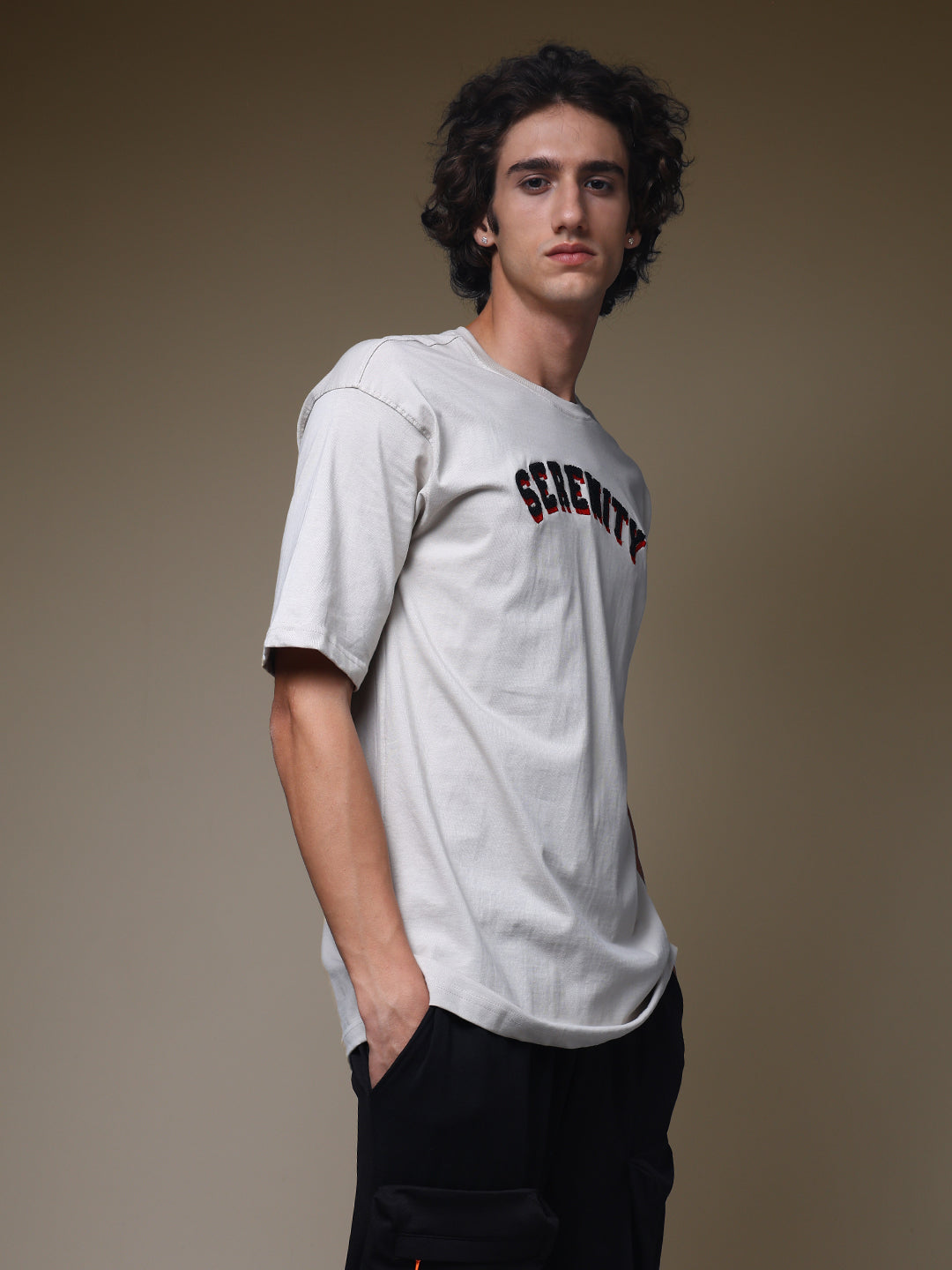 Men's Oversized Embroided Print Beige Tshirt