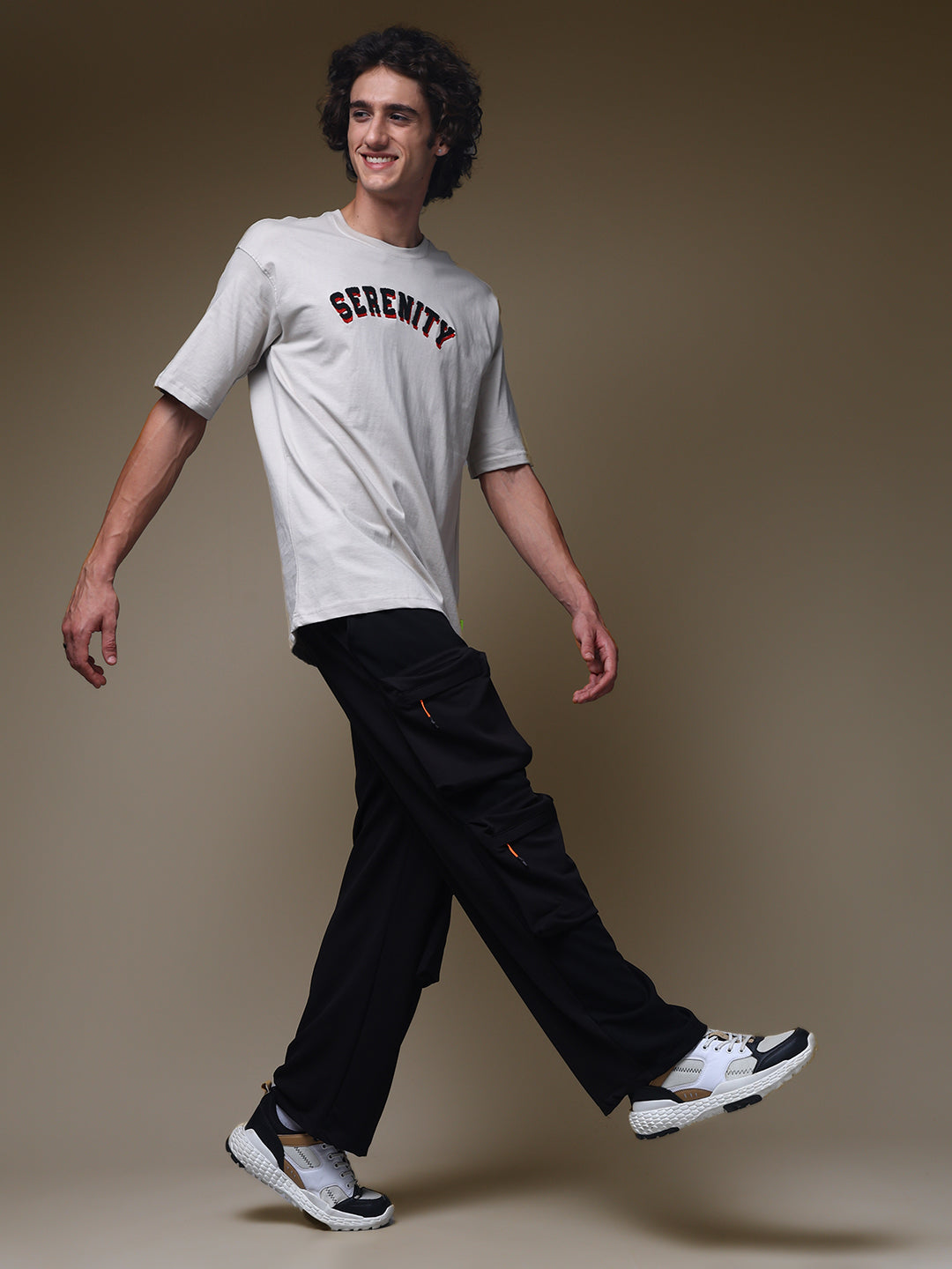Men's Oversized Embroided Print Beige Tshirt