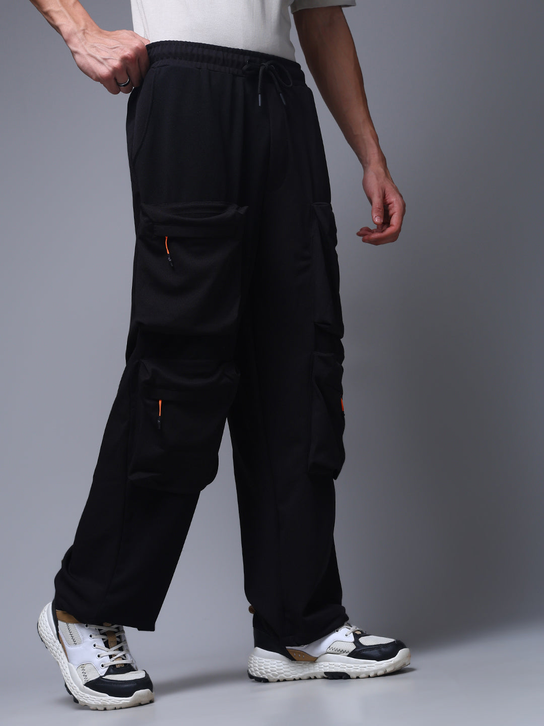 Men's Solid Black Multiple Pocket Pants
