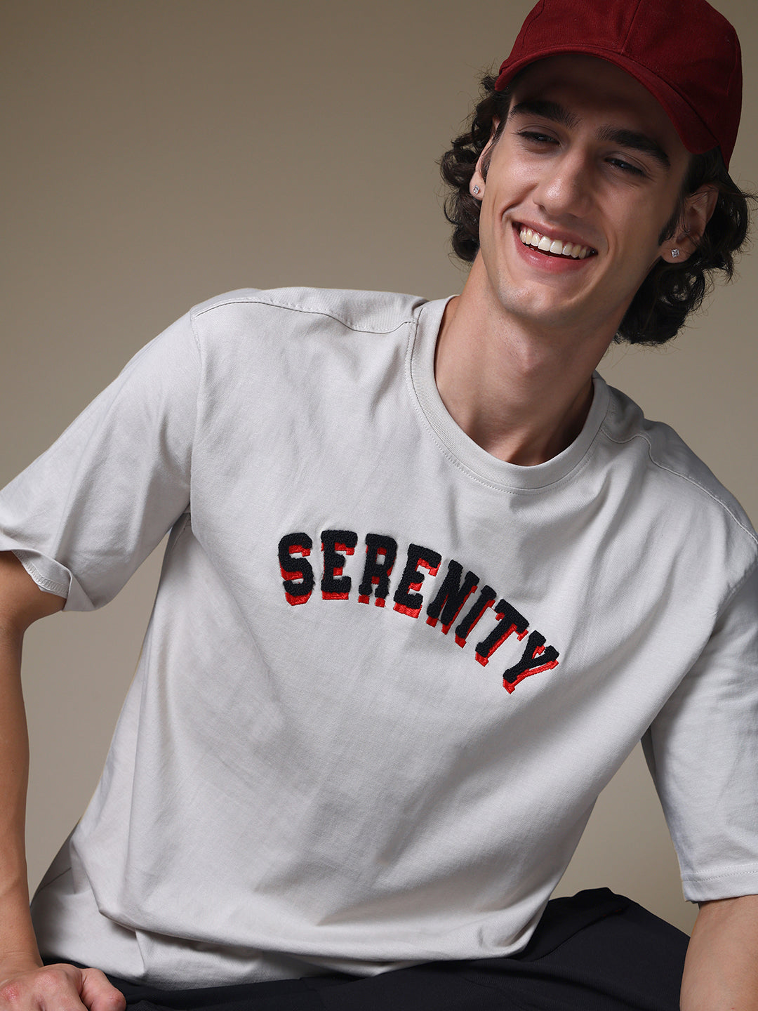 Men's Oversized Embroided Print Beige Tshirt
