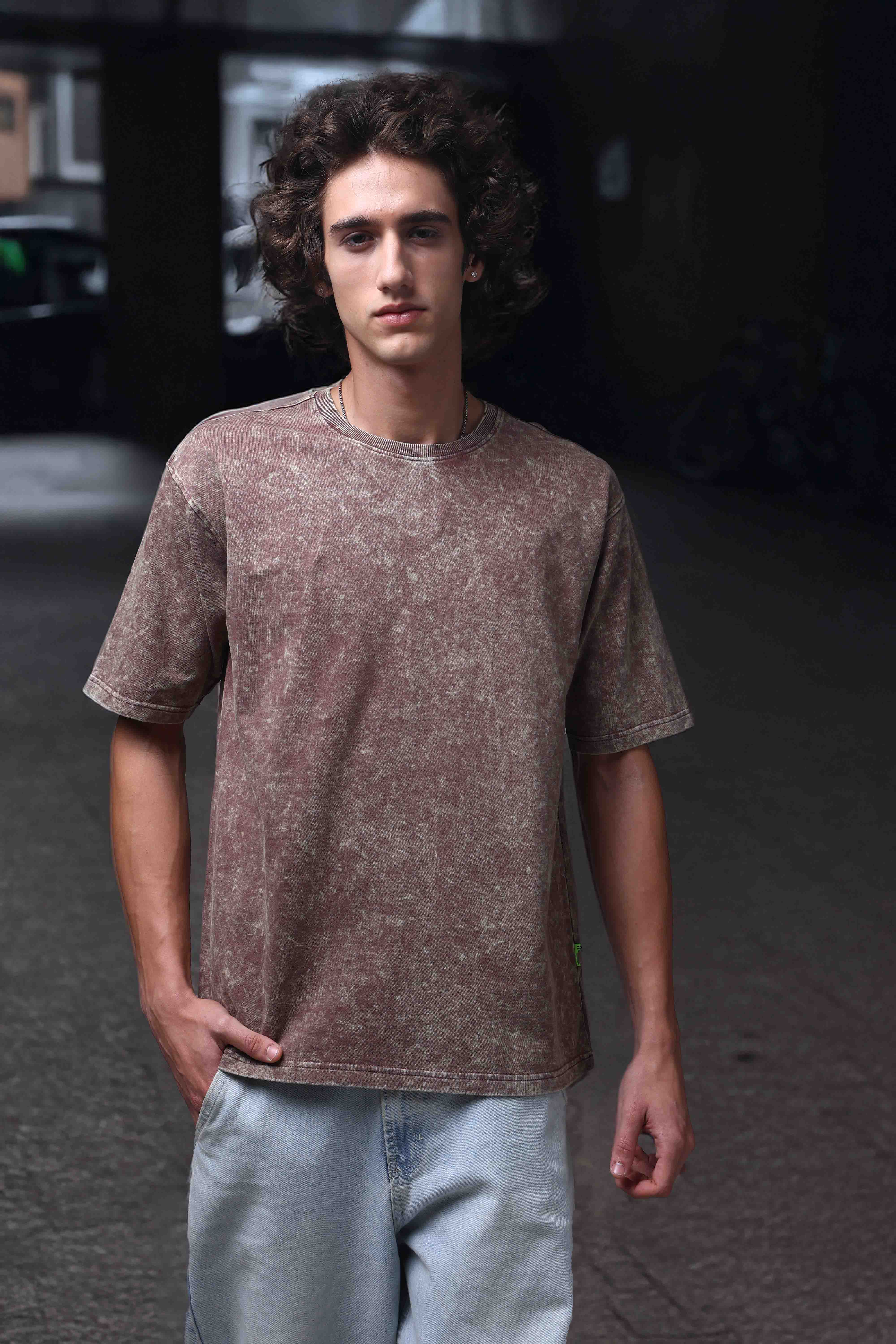 Men's Oversized Acid Washed Solid Brown Tshirt
