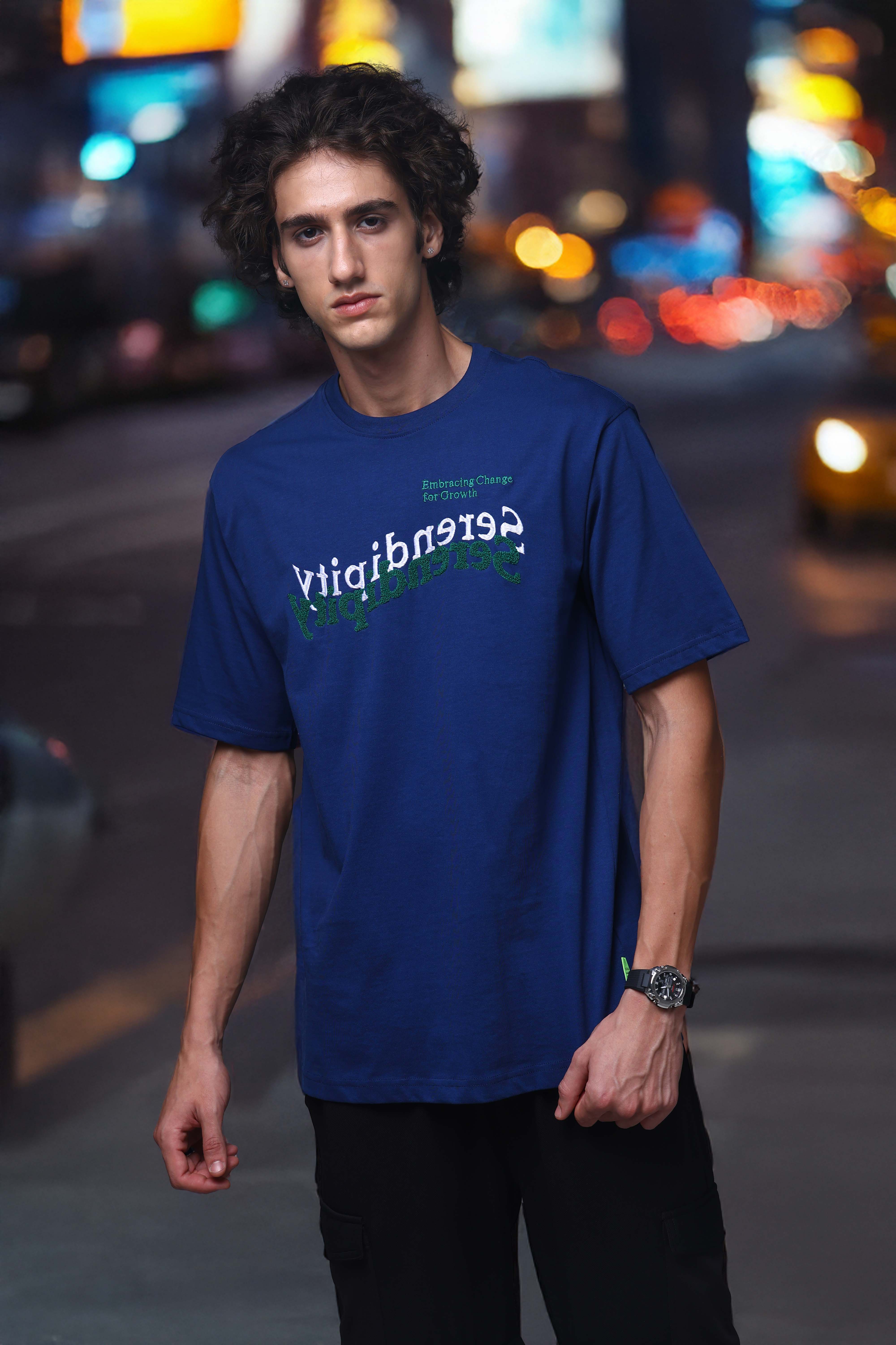 Men's Oversized Embroided Print Blue Tshirt