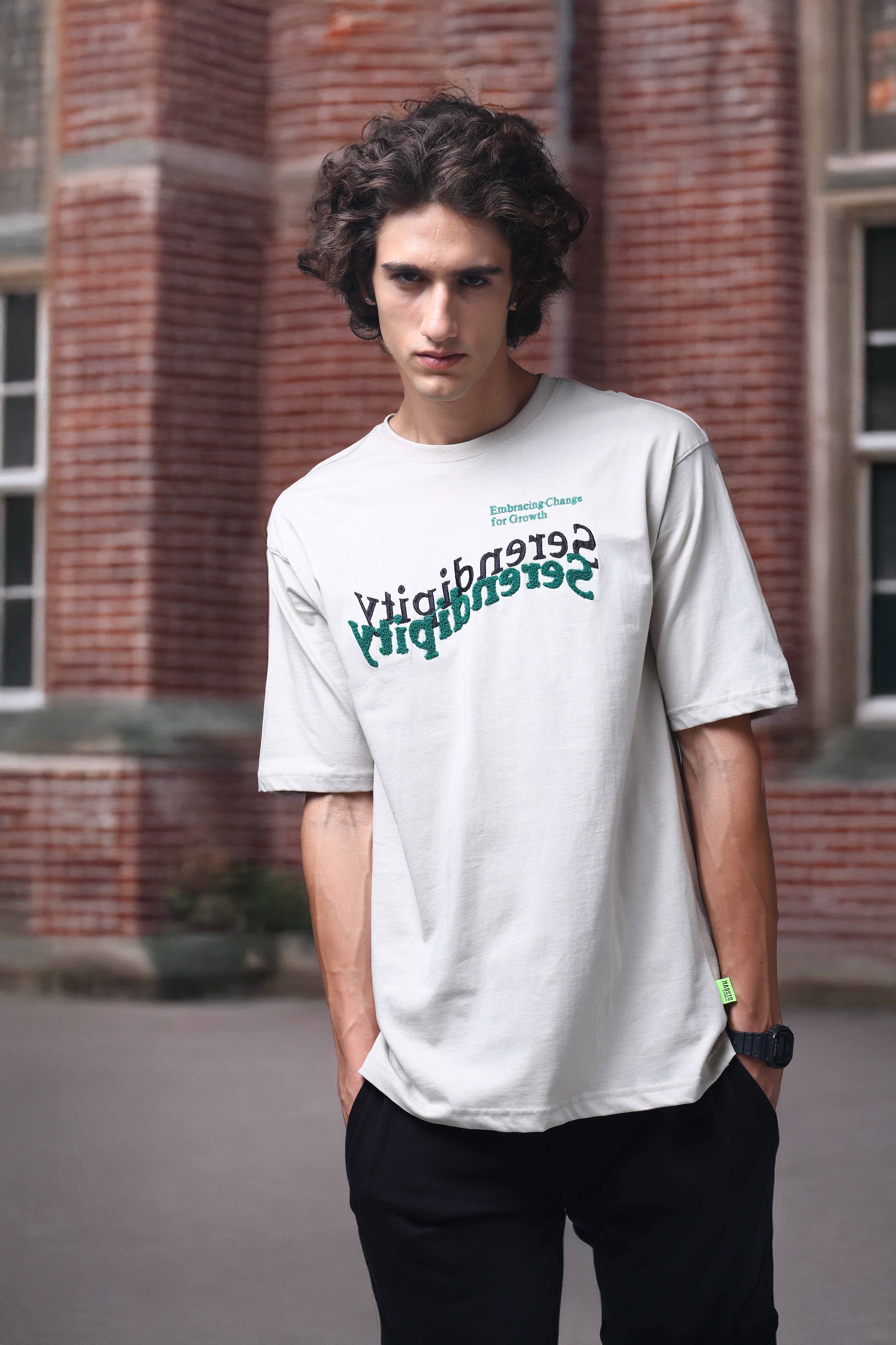 Men's Oversized Embroided Print Beige Tshirt