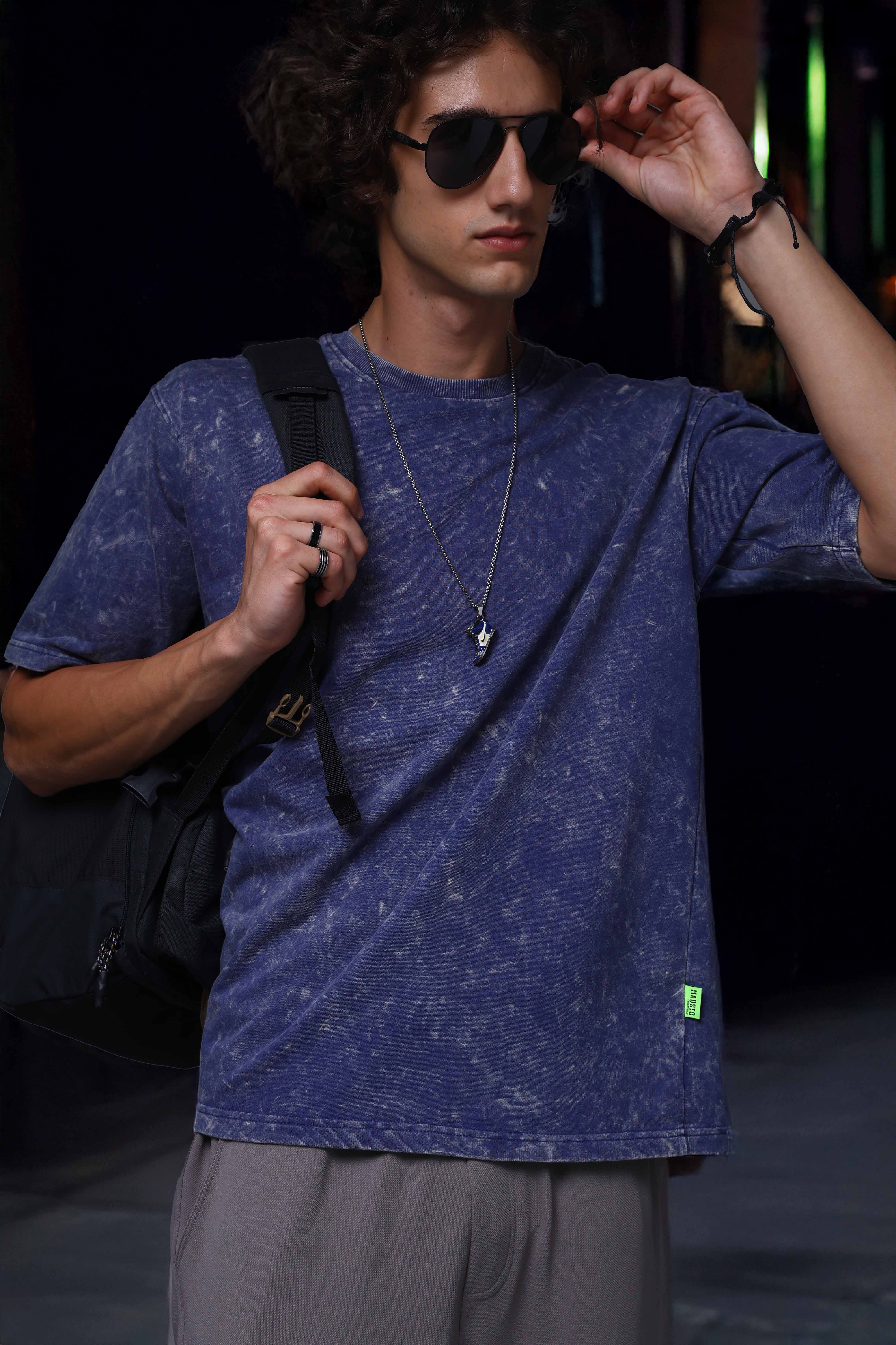 Men's Oversized Acid Washed Solid Blue Tshirt
