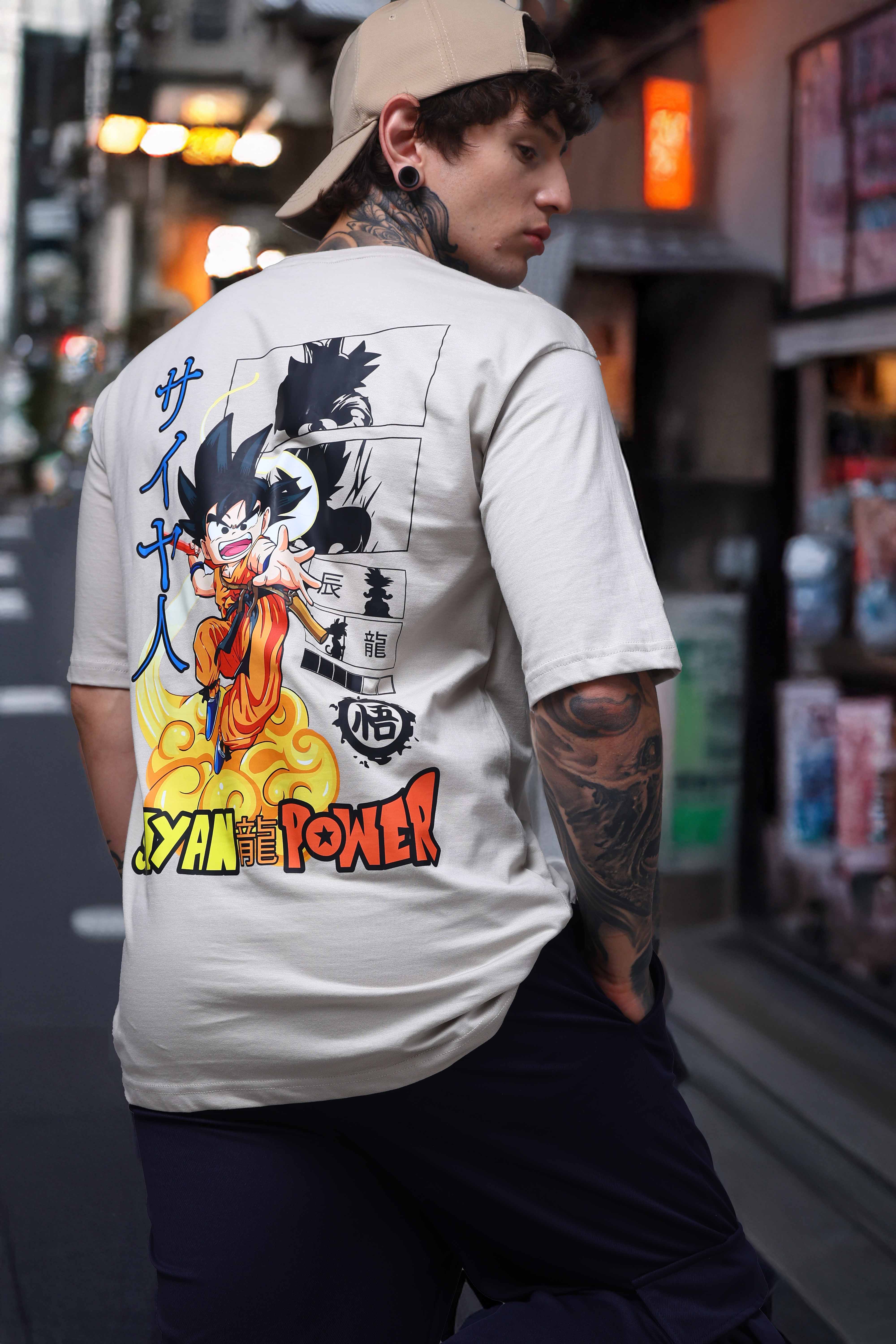 Men's Oversized Backprint Anime Beige Tshirt