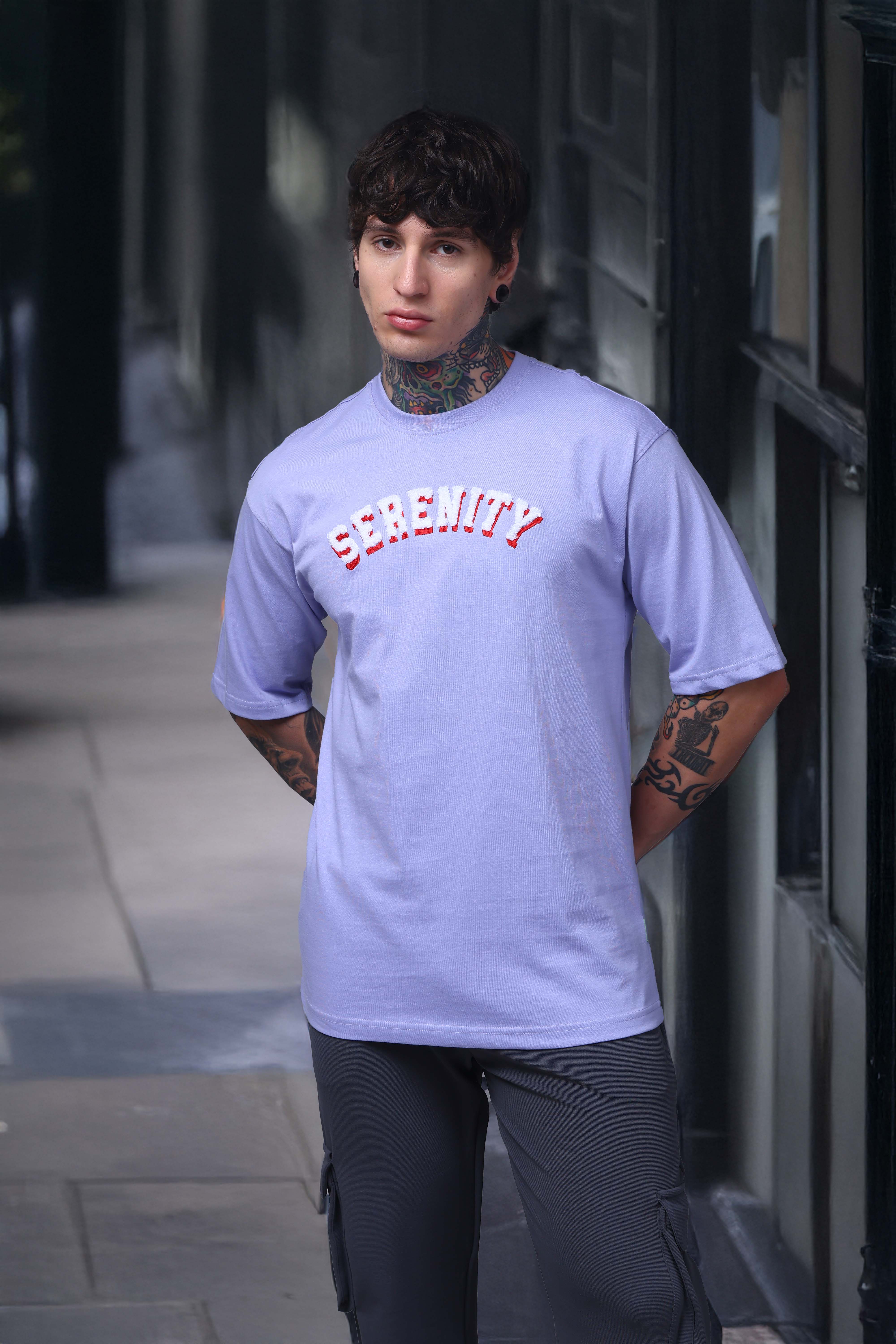 Men's Oversized Embroided Print Lilac Tshirt