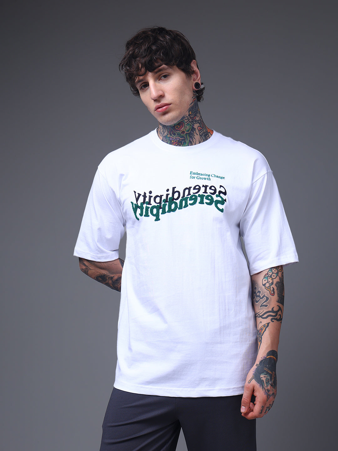 Men's Oversized Embroided Print White Tshirt