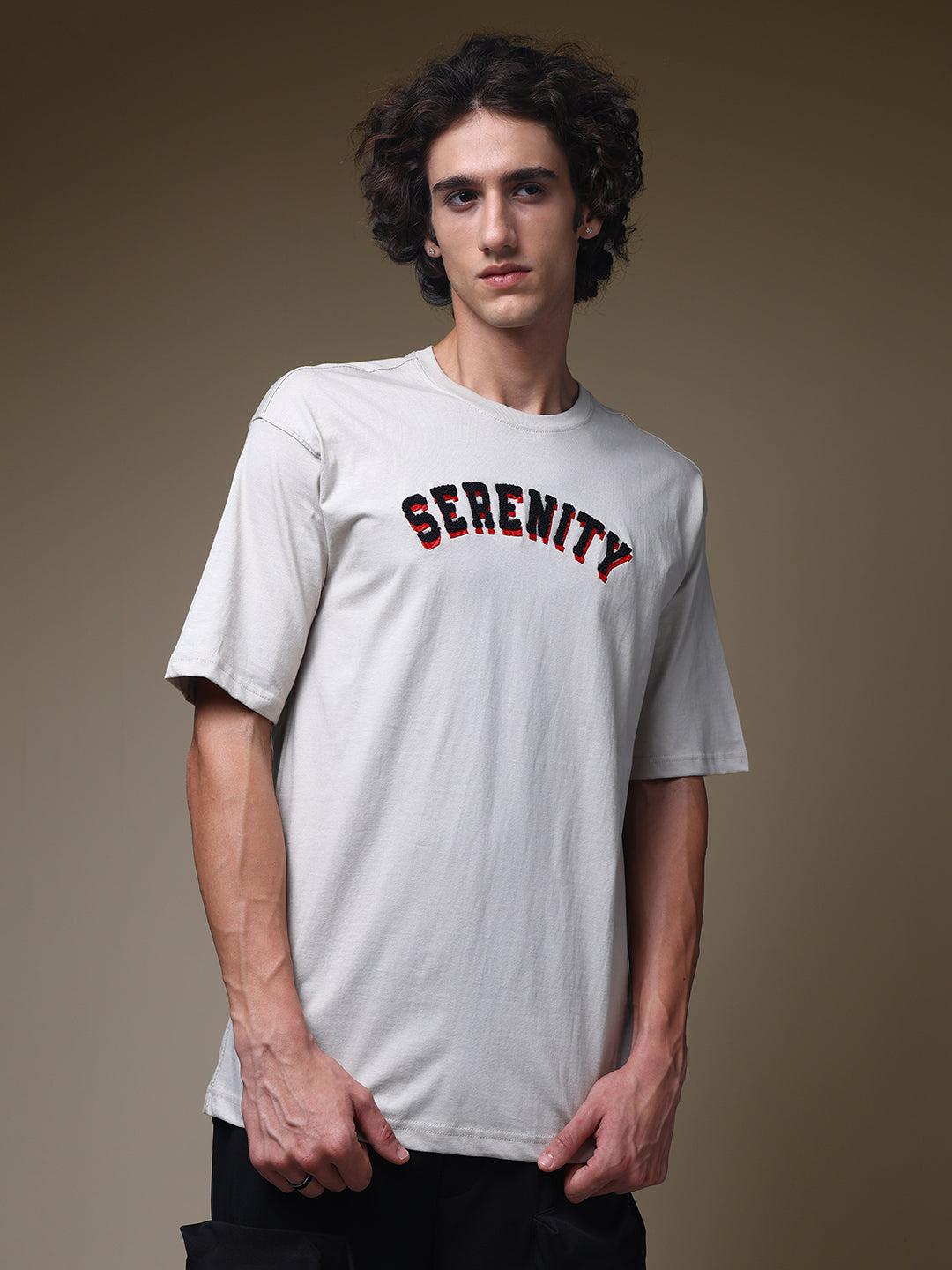 Men's Oversized Embroided Print Beige Tshirt