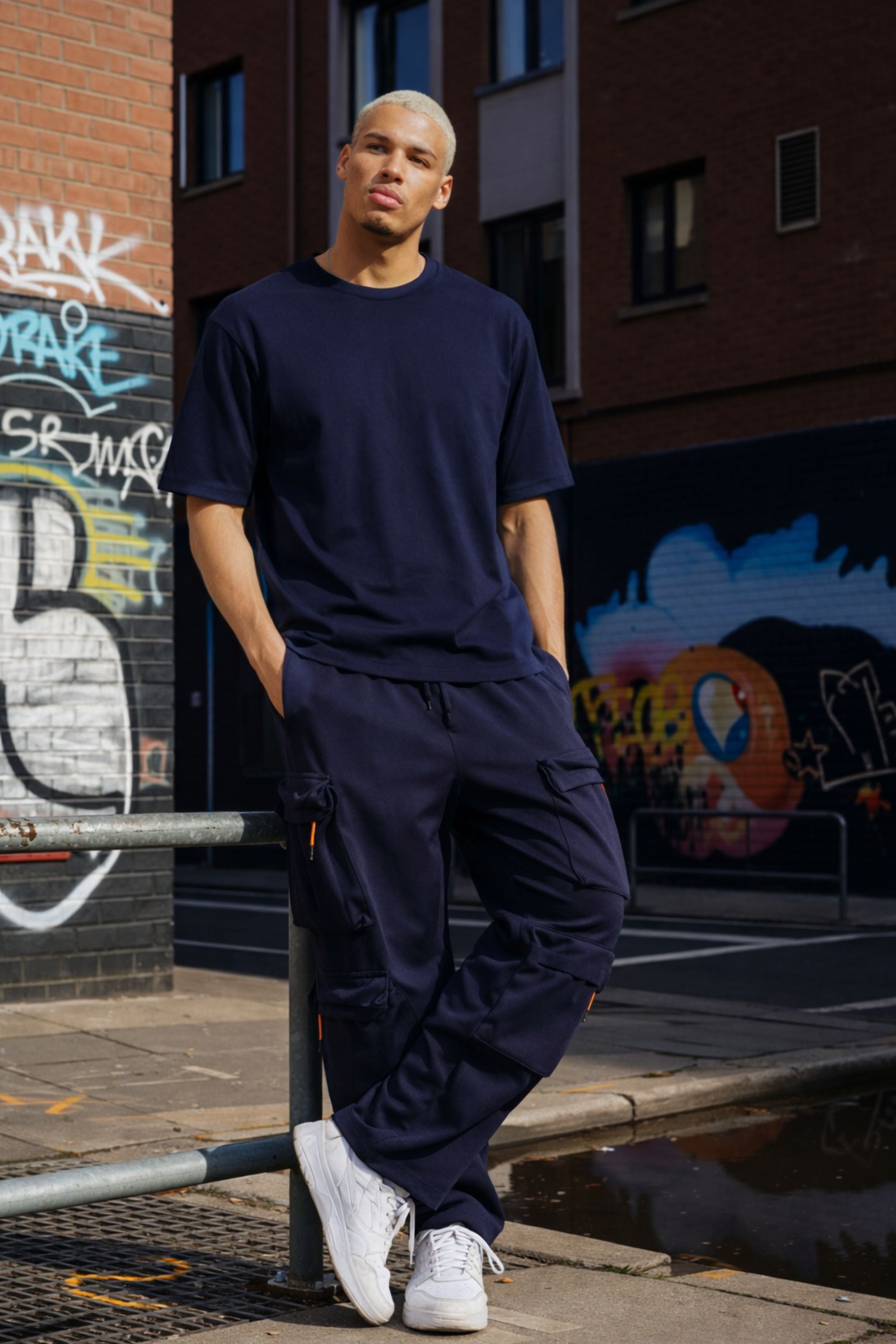 Men Navy Blue T-Shirt with Cargo Pants Co-Ord Set