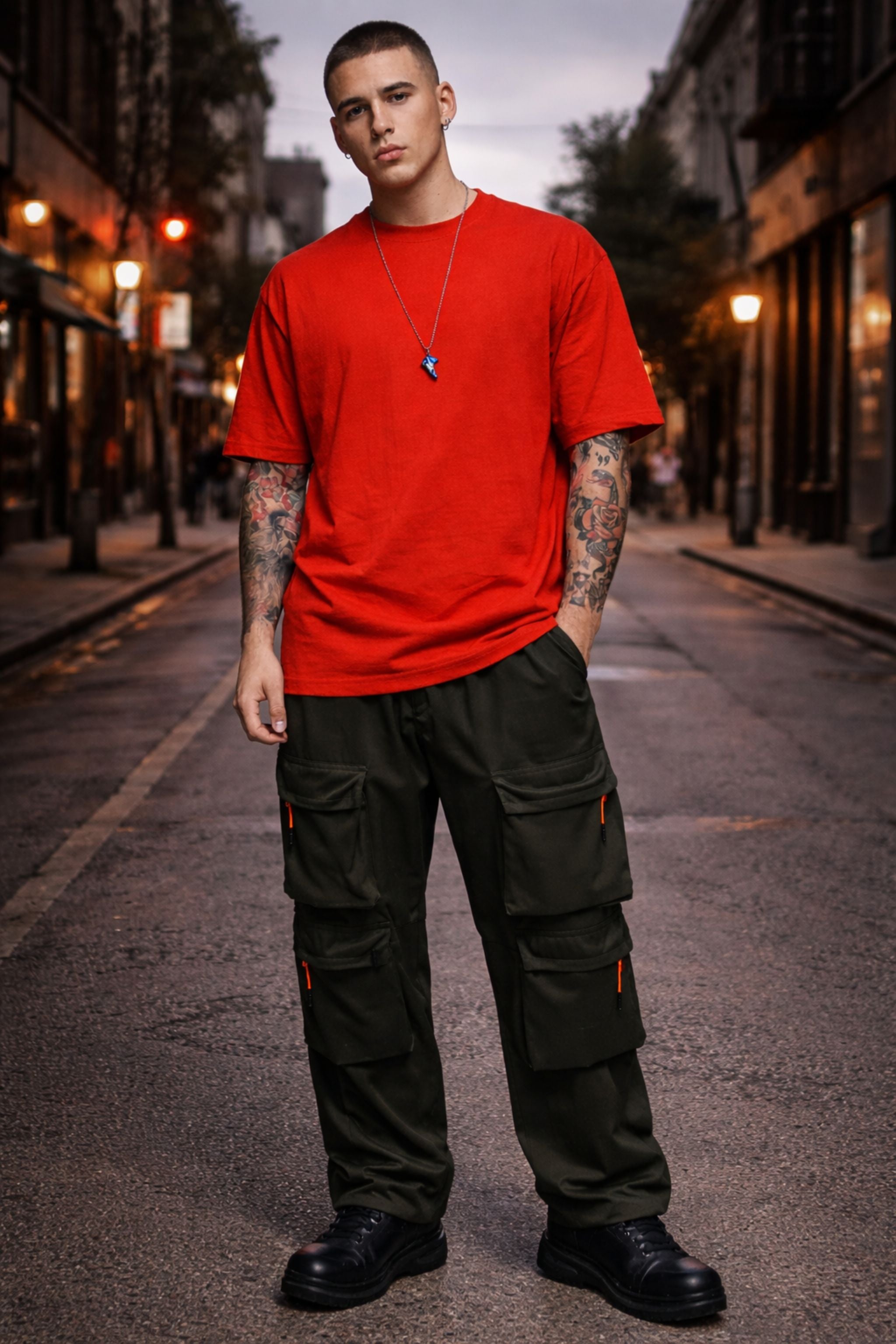 Men Red Oversized T-Shirt with Black Cargo Pants Co-Ord Set