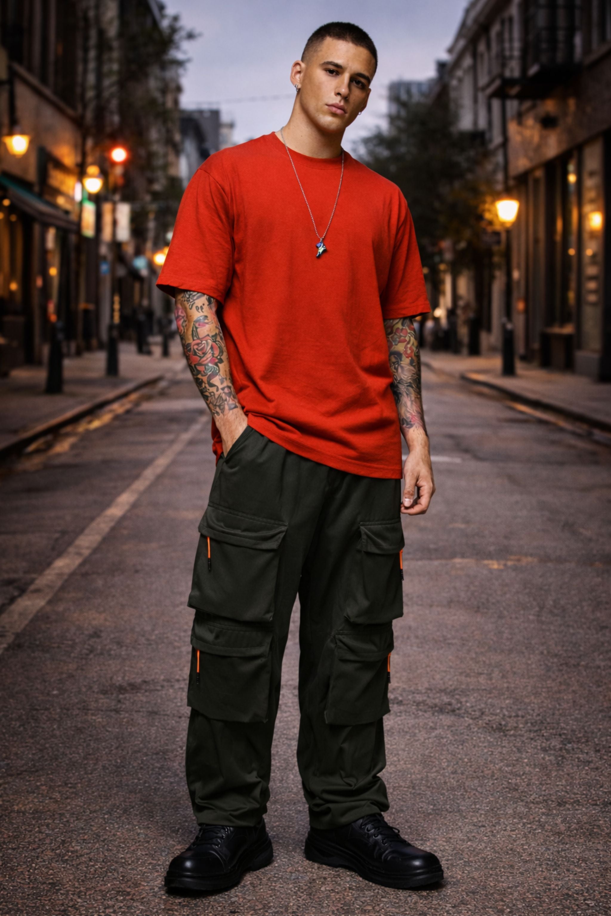 Men Red Oversized T-Shirt with Black Cargo Pants Co-Ord Set