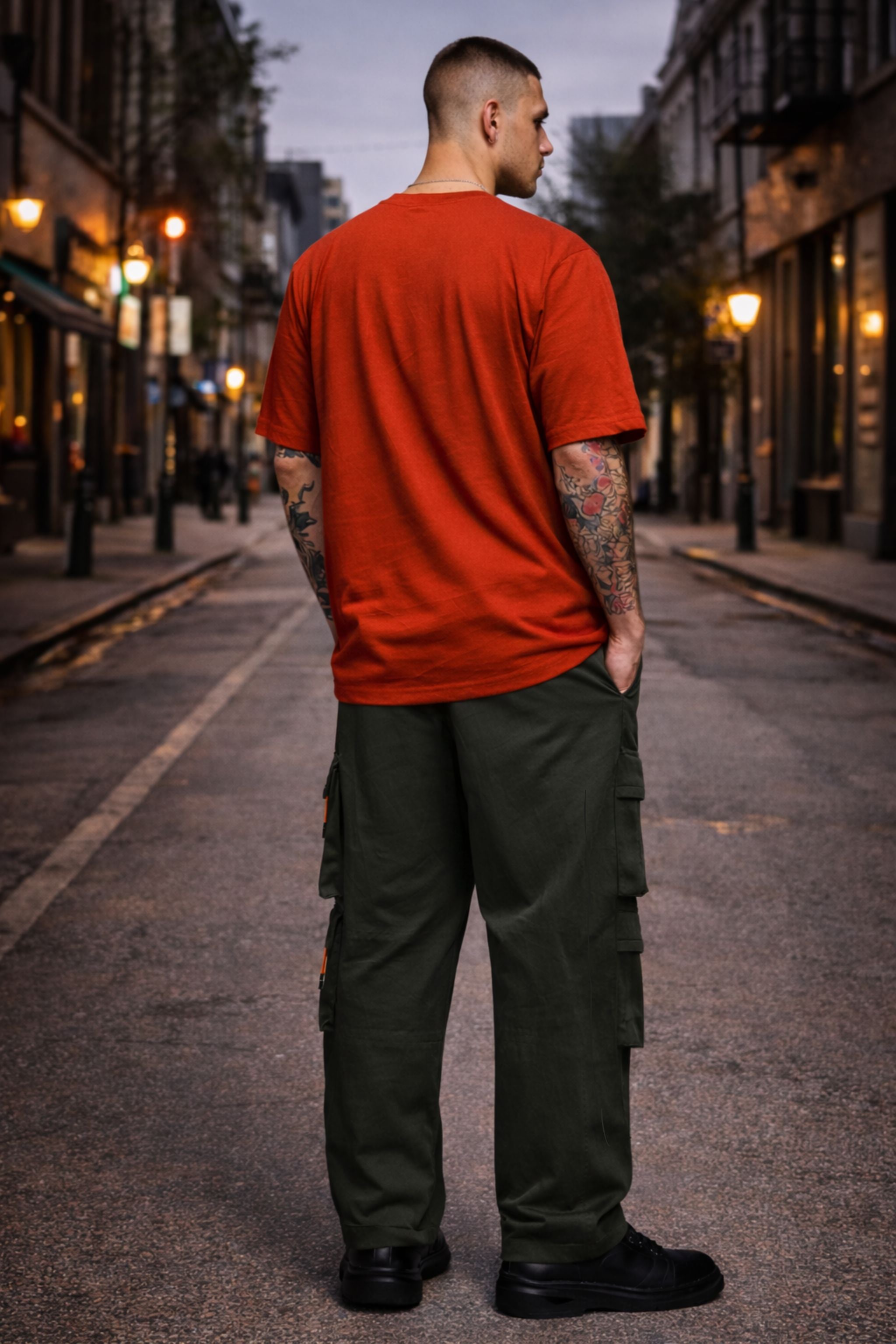 Men Red Oversized T-Shirt with Black Cargo Pants Co-Ord Set