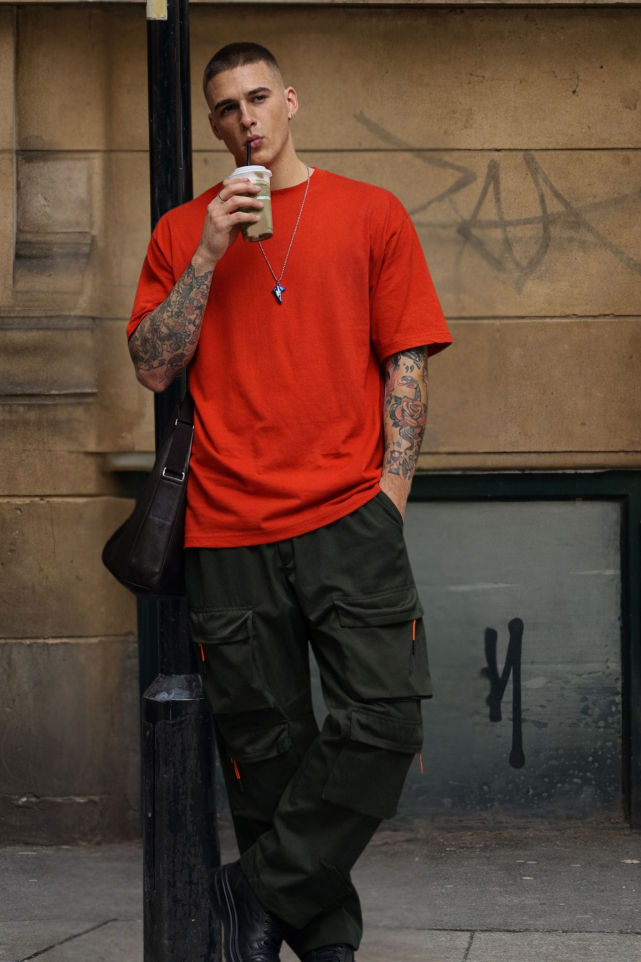 Men Red Oversized T-Shirt with Black Cargo Pants Co-Ord Set