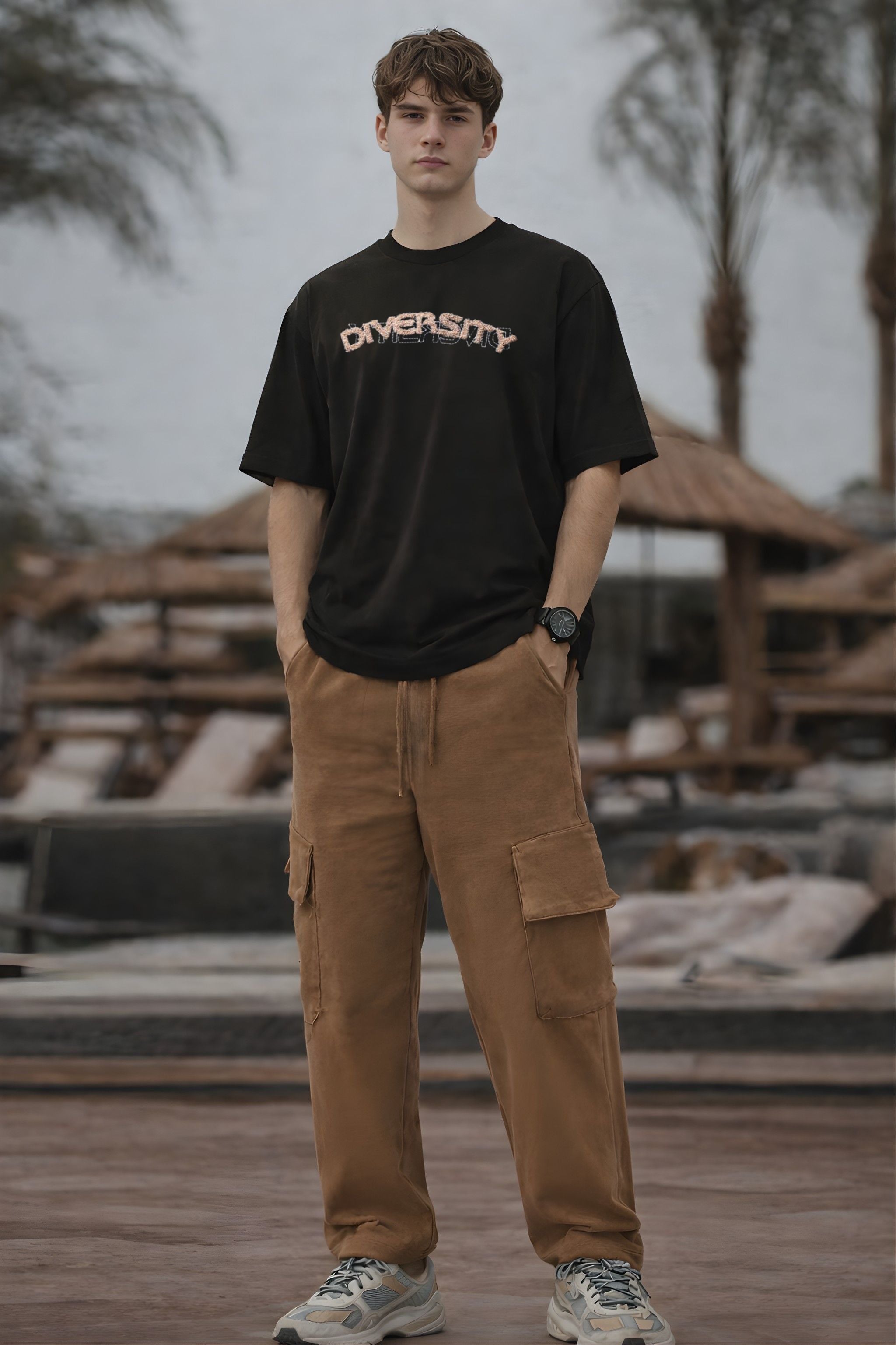 Men Black Graphic T-Shirt & Brown Cargo Pants Co-Ord Set