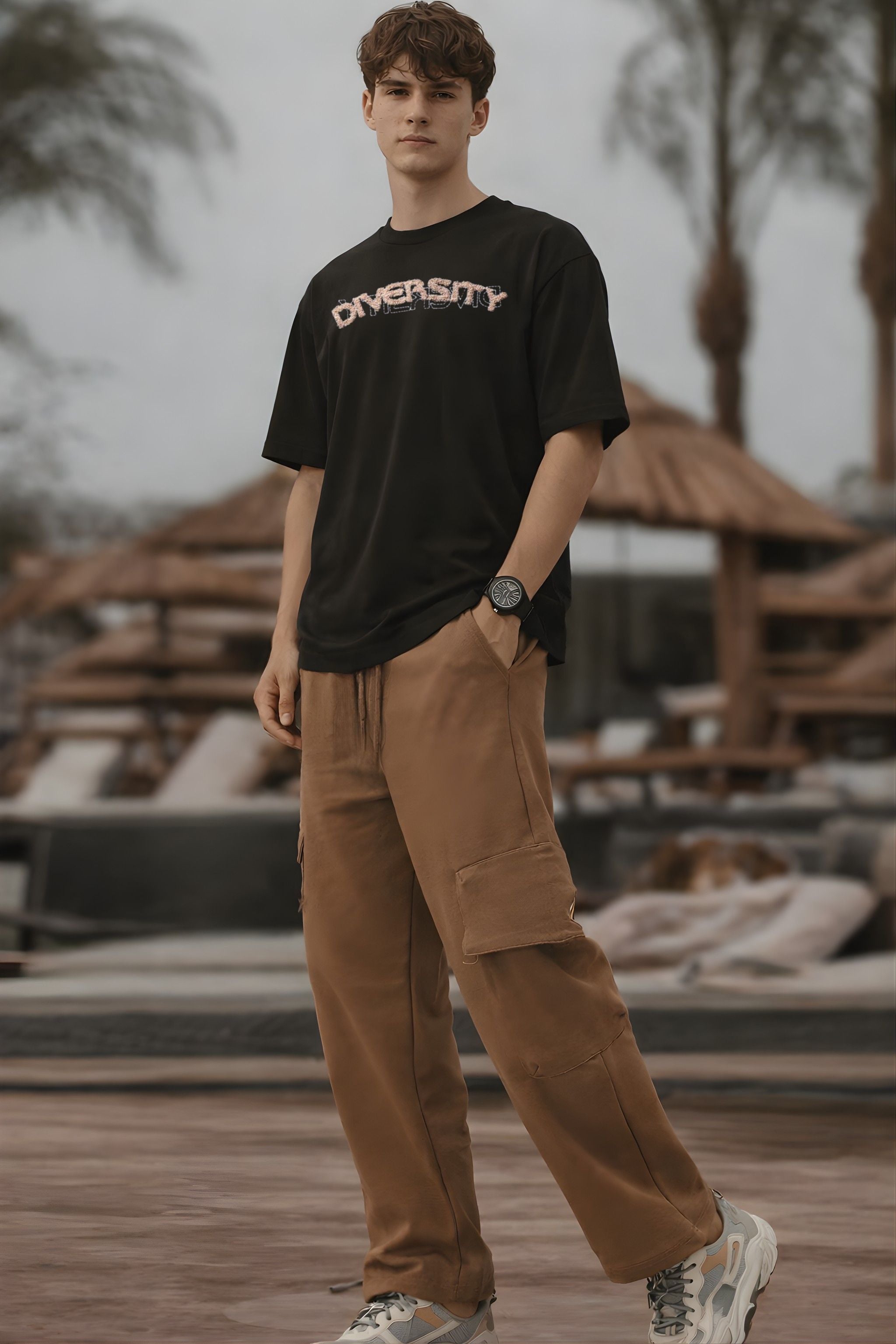 Men Black Graphic T-Shirt & Brown Cargo Pants Co-Ord Set