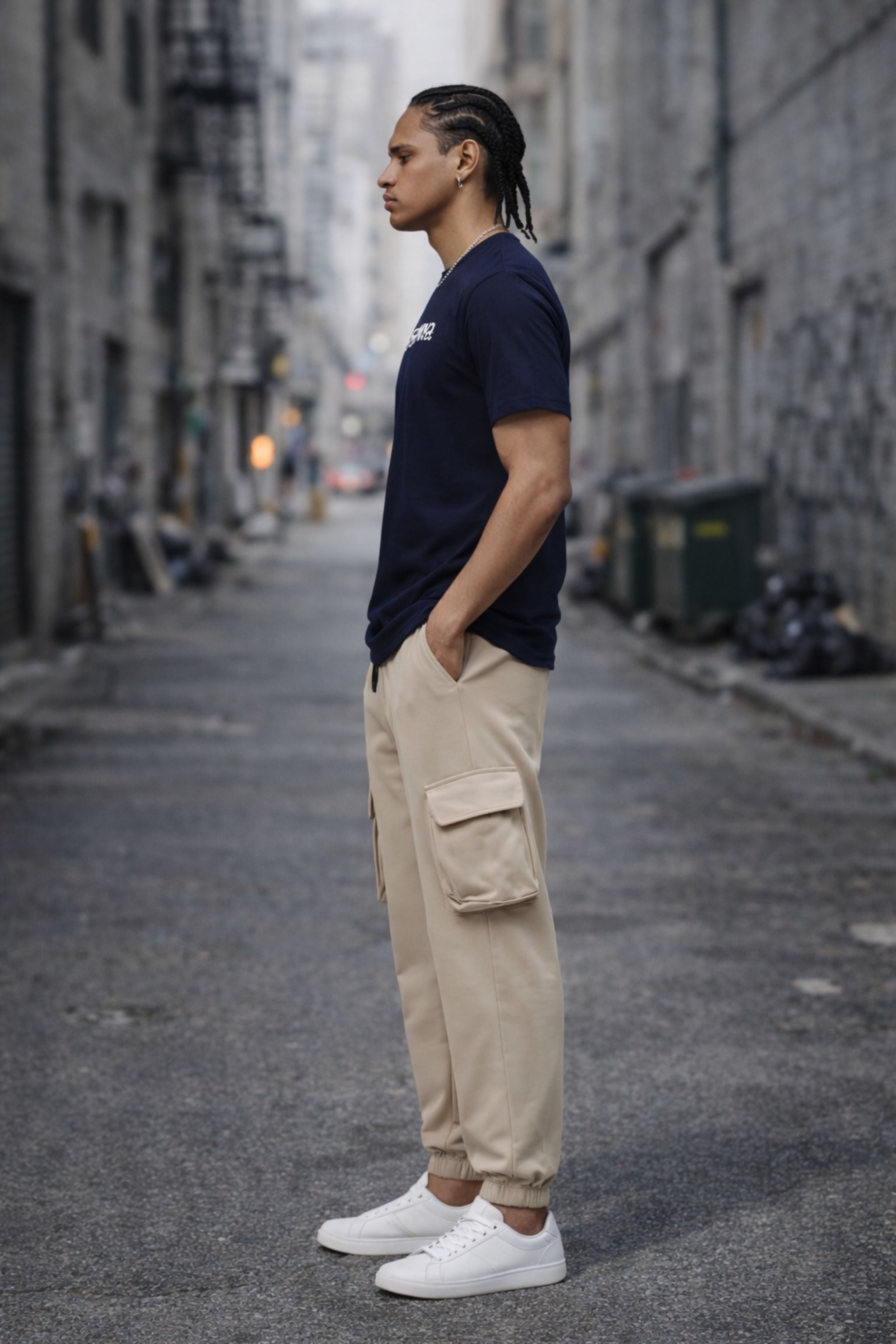 Men Navy Graphic Printed T-Shirt with Beige Cargo Joggers Co-Ord Set