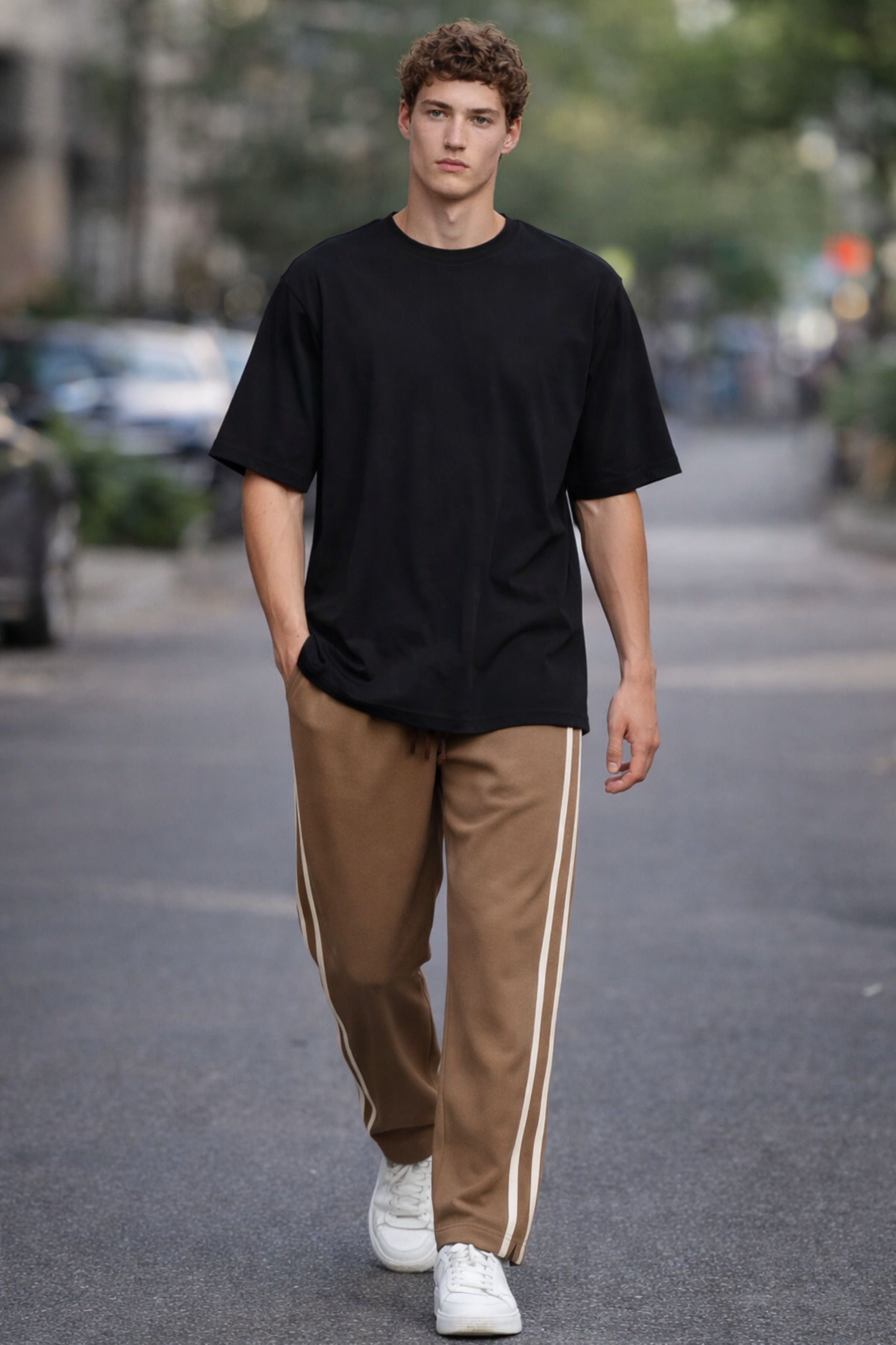 Men Black Oversized T-Shirt & Brown Striped Track Pants Co-Ord Set
