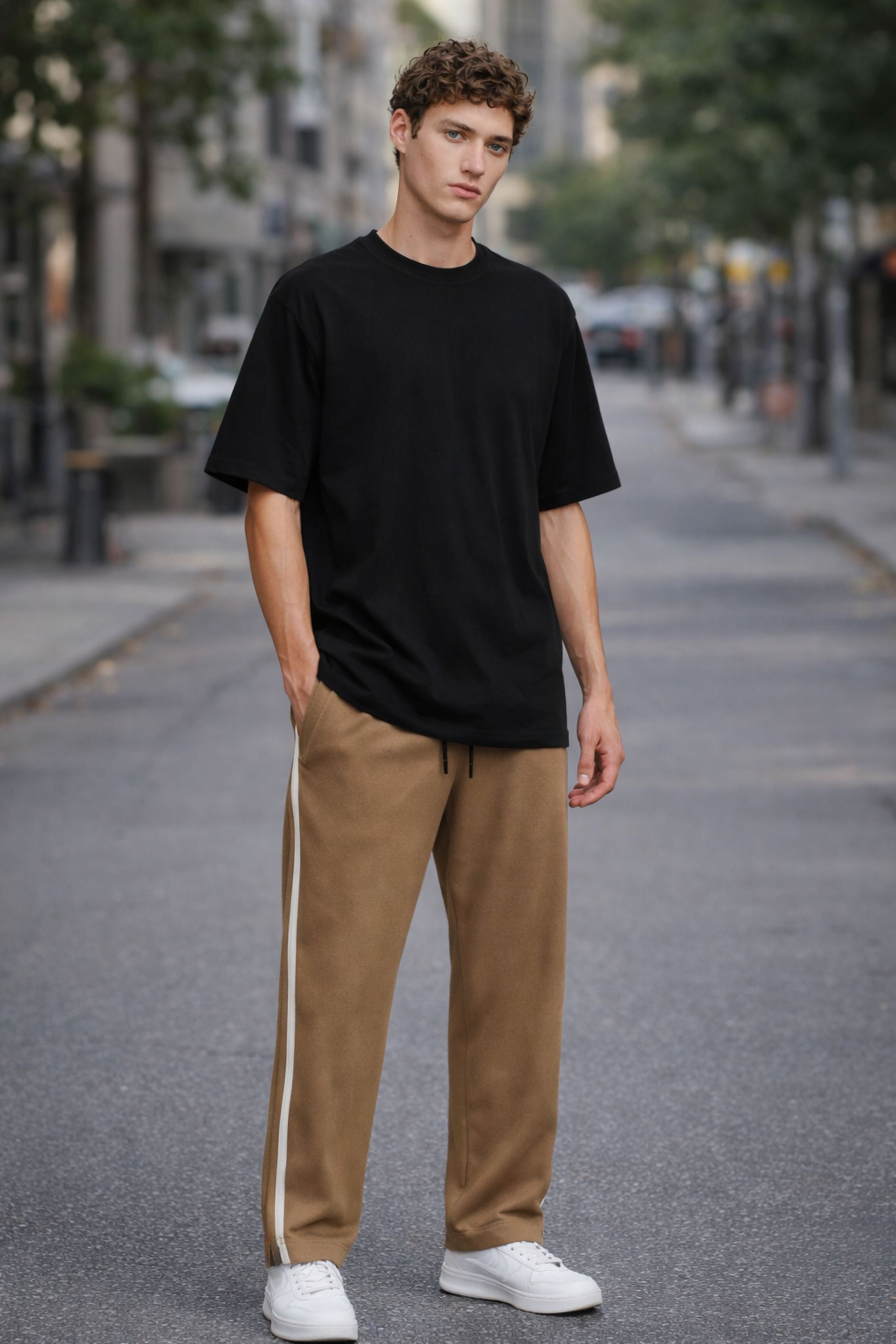 Men Black Oversized T-Shirt & Brown Striped Track Pants Co-Ord Set