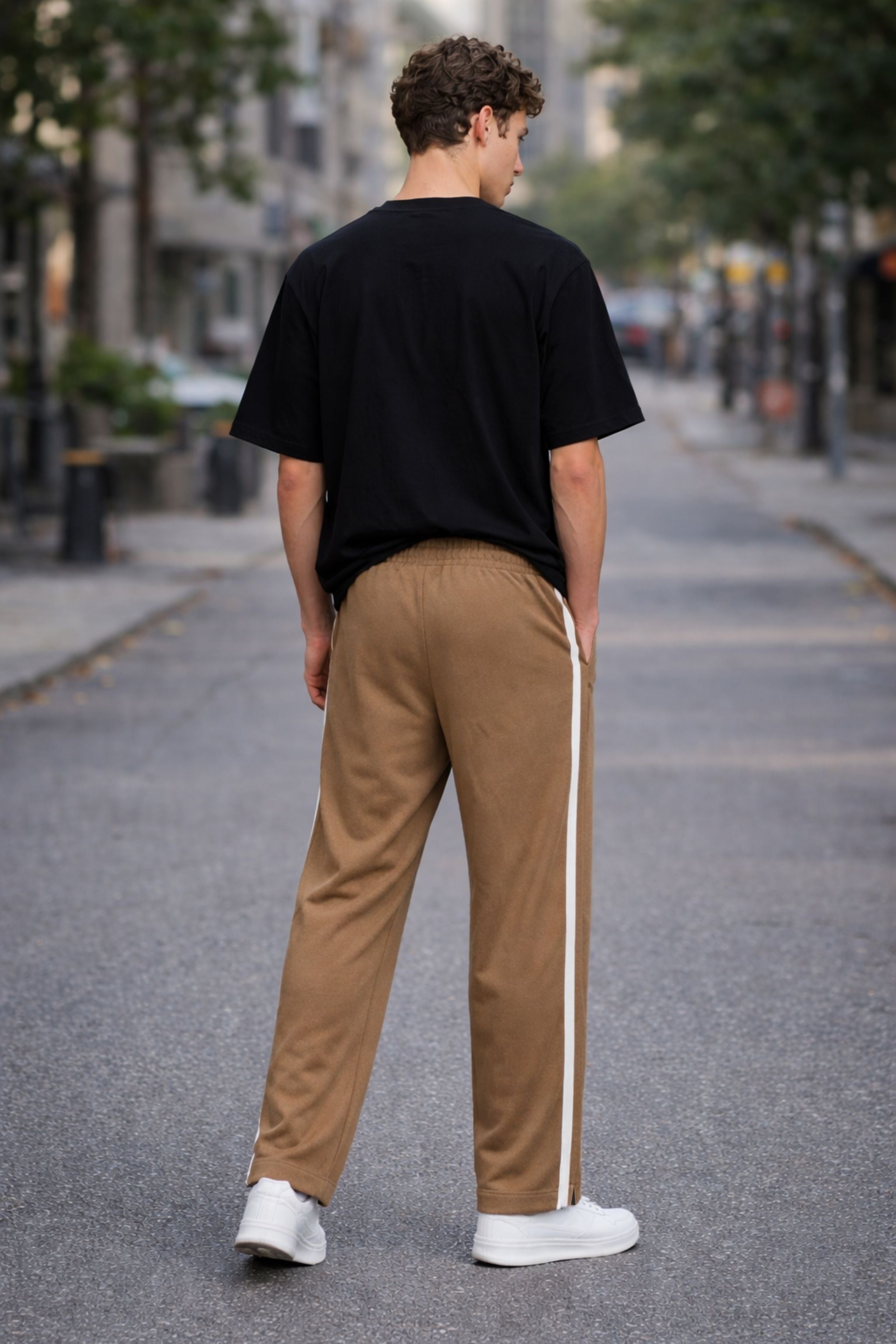 Men Black Oversized T-Shirt & Brown Striped Track Pants Co-Ord Set