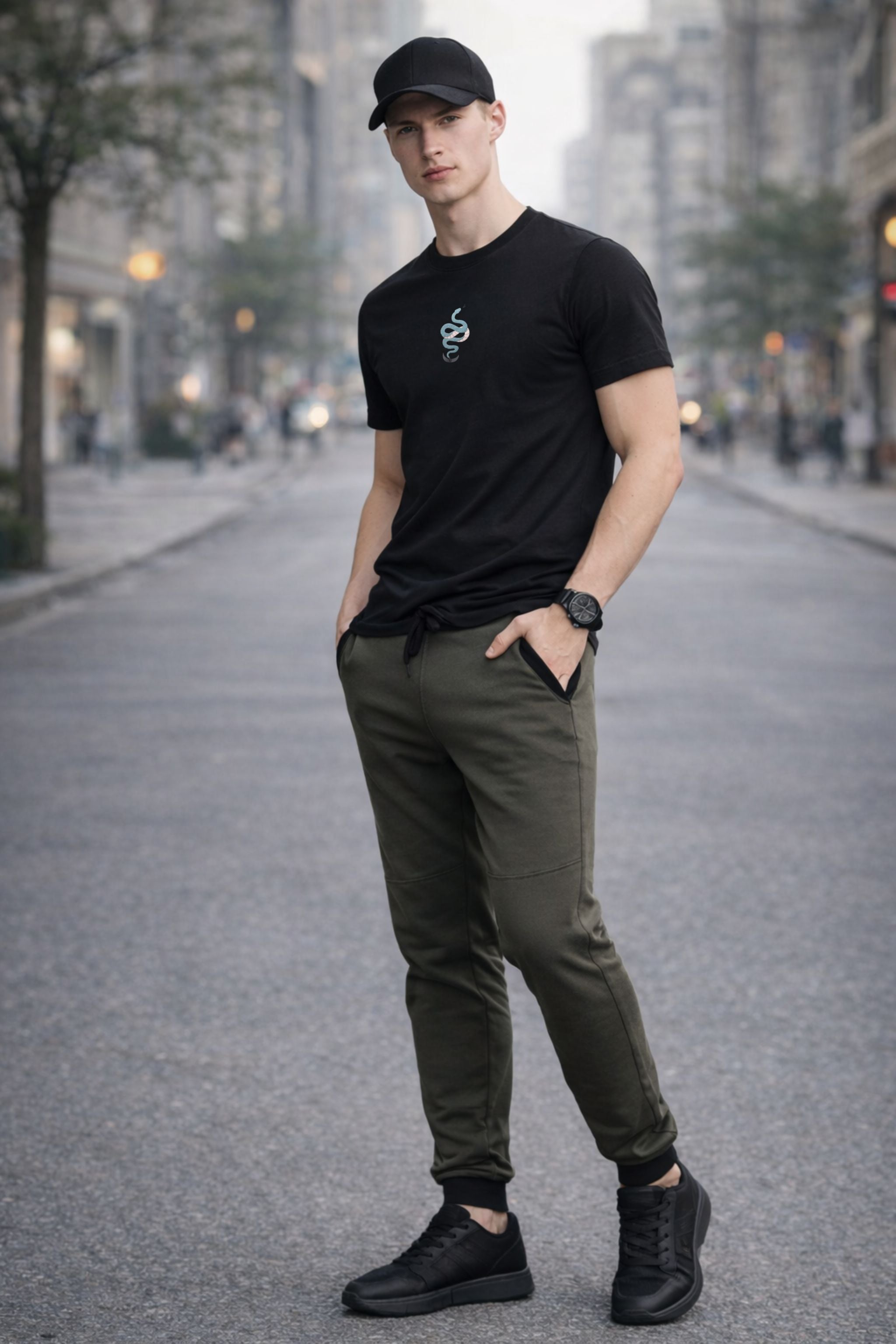 Men Black Graphic T-Shirt & Olive Jogger Co-Ord Set