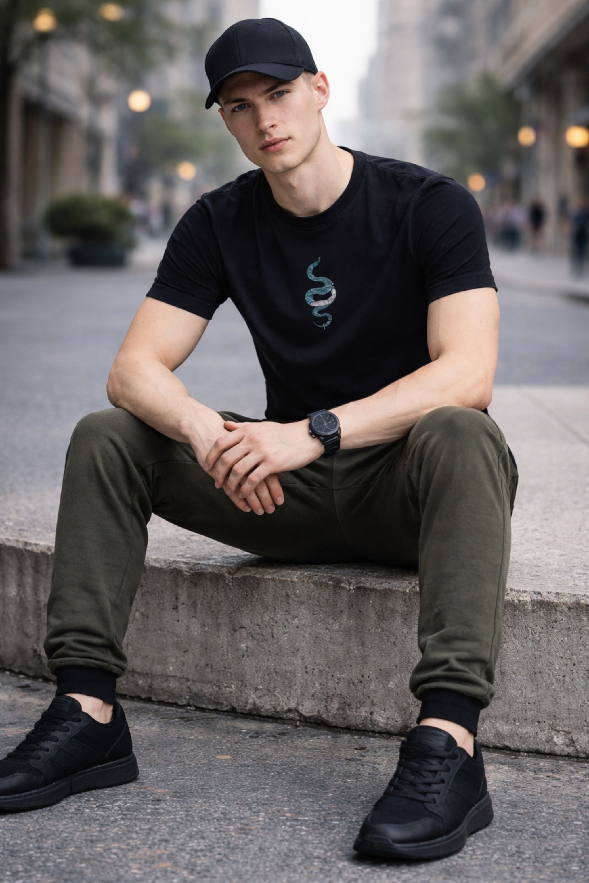 Men Black Graphic T-Shirt & Olive Jogger Co-Ord Set