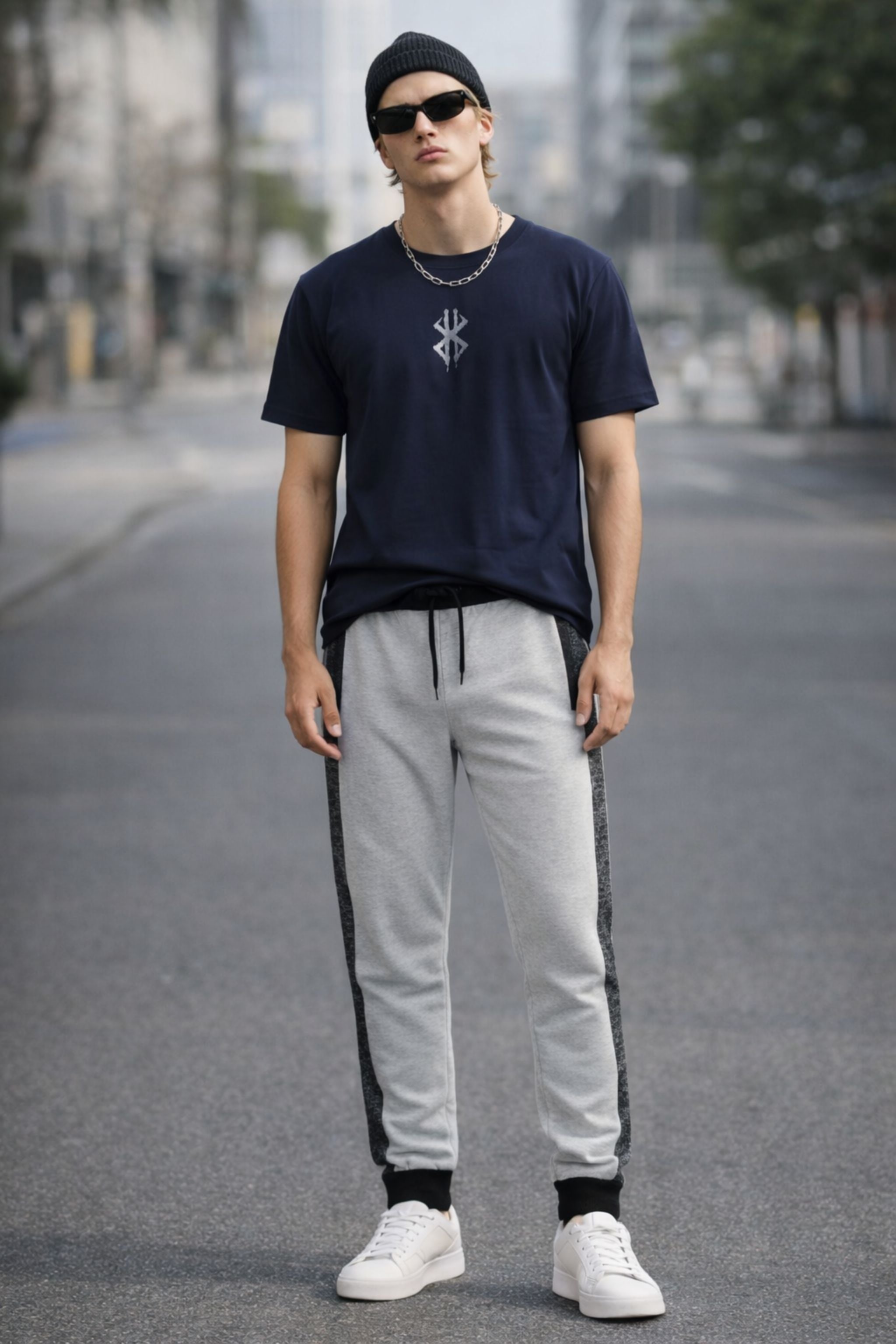 Men Athleisure Co-Ord Set with Navy Graphic T-Shirt and Grey Side-Stripe Track Pants