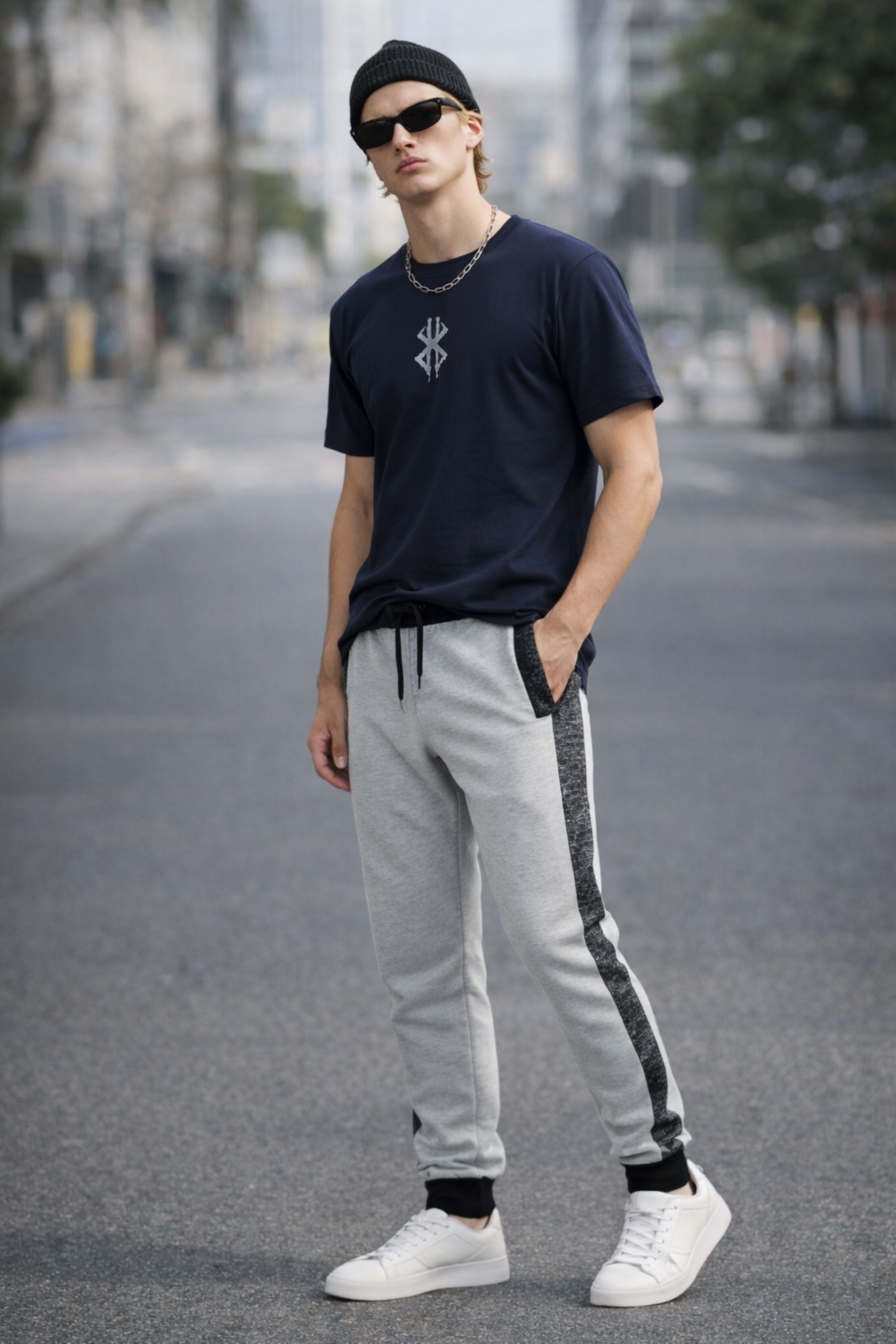 Men Athleisure Co-Ord Set with Navy Graphic T-Shirt and Grey Side-Stripe Track Pants
