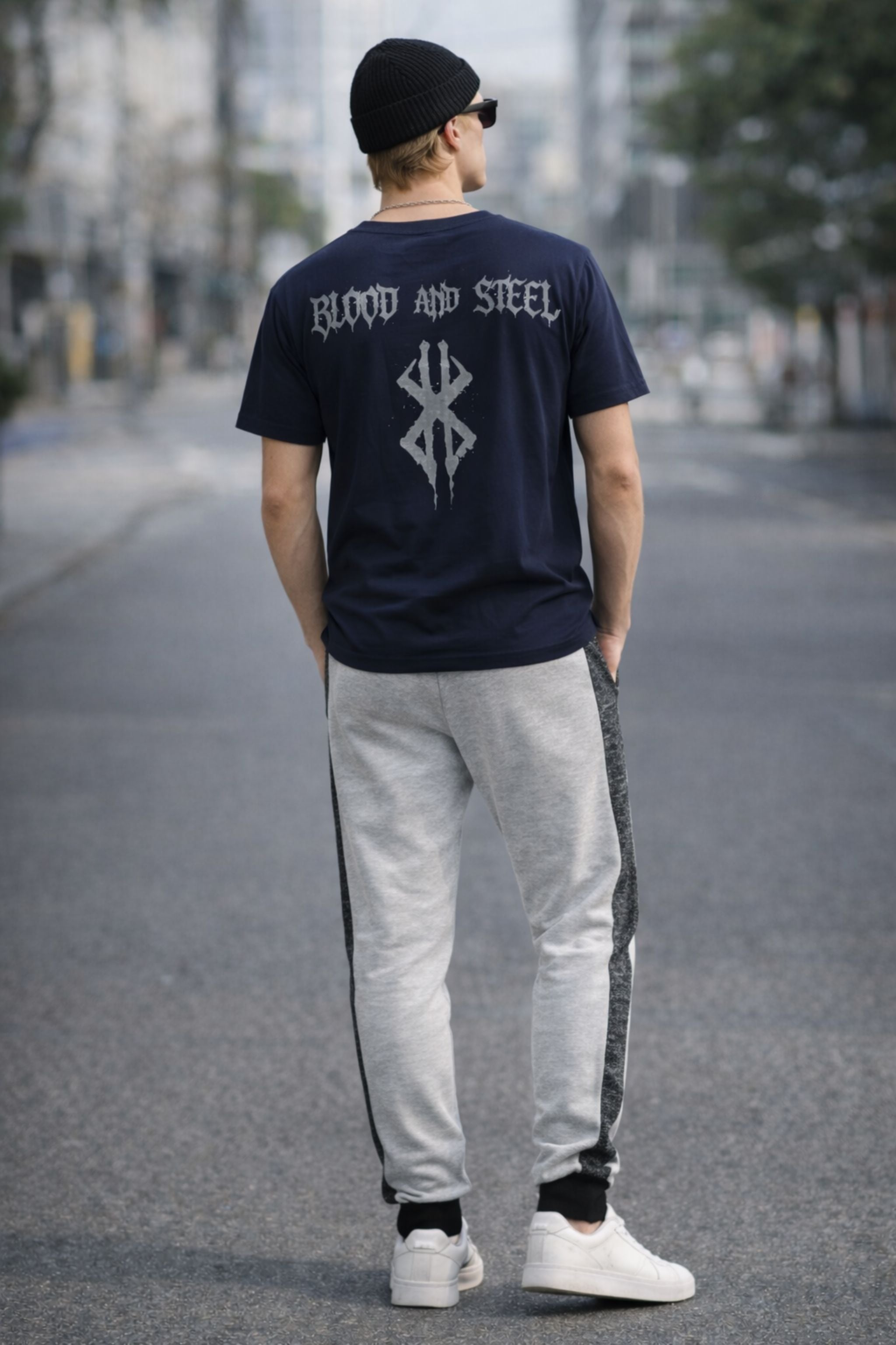 Men Athleisure Co-Ord Set with Navy Graphic T-Shirt and Grey Side-Stripe Track Pants