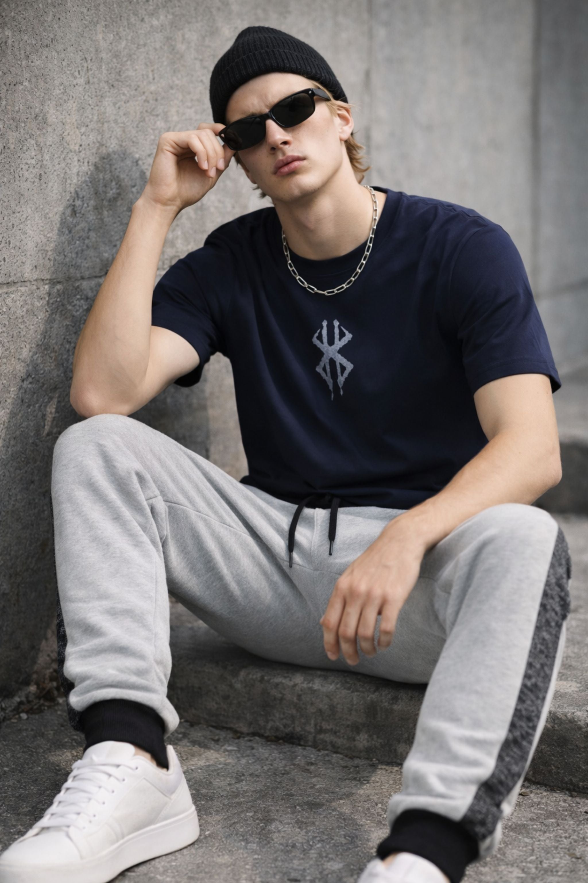 Men Athleisure Co-Ord Set with Navy Graphic T-Shirt and Grey Side-Stripe Track Pants