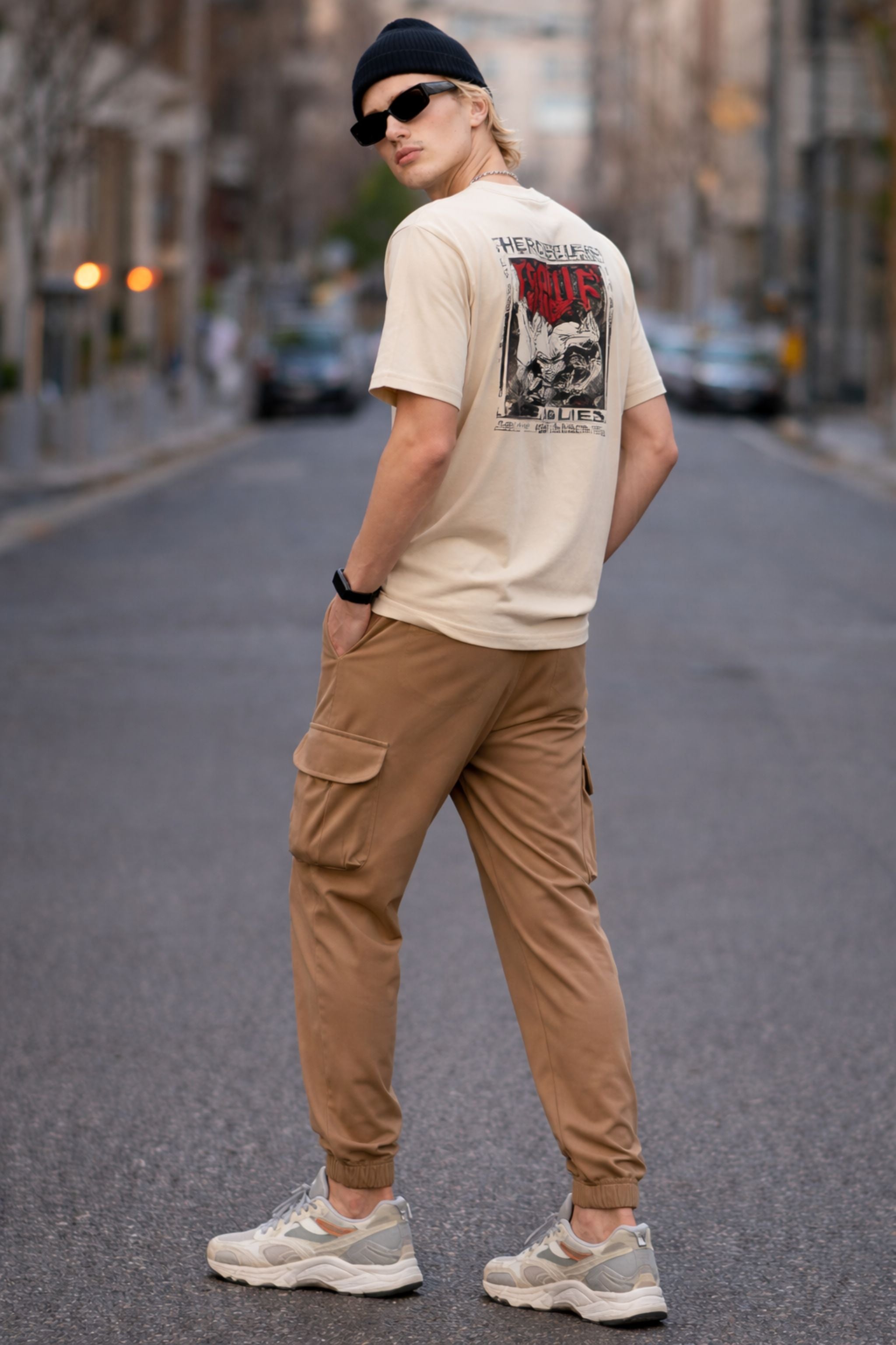 Men Beige Graphic T-Shirt & Cargo Jogger Co-Ord Set