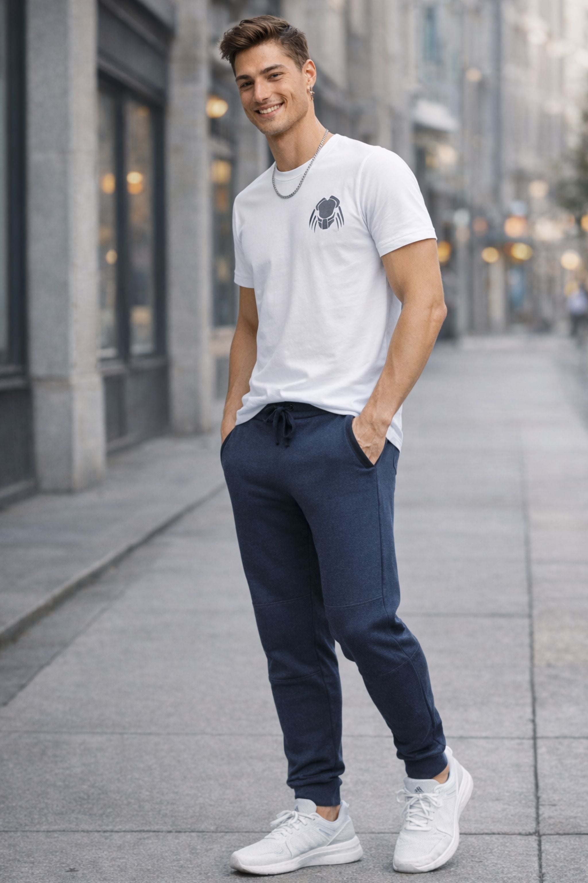 Men White Printed T-Shirt with Navy Blue Joggers Co-Ord Set