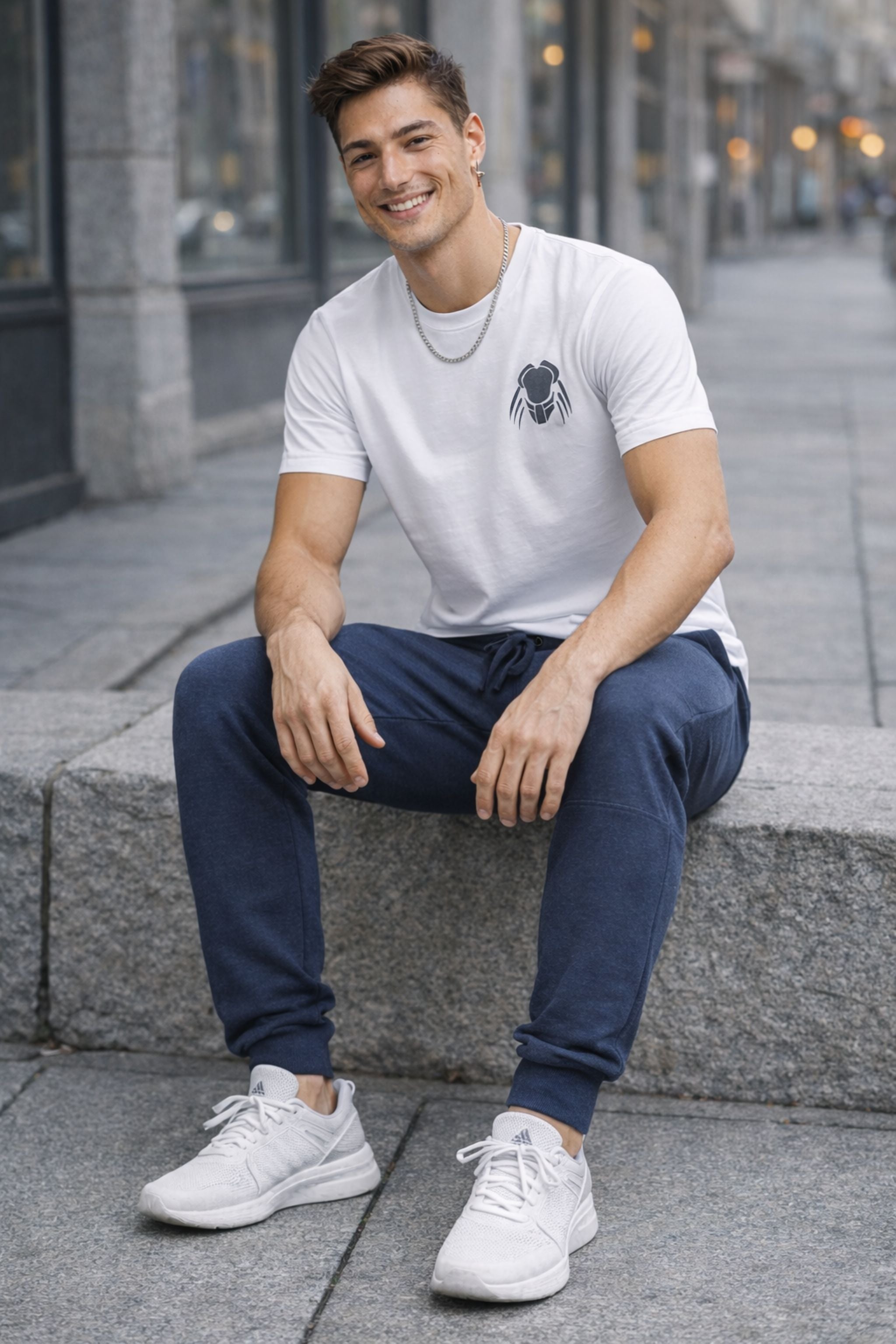 Men White Printed T-Shirt with Navy Blue Joggers Co-Ord Set