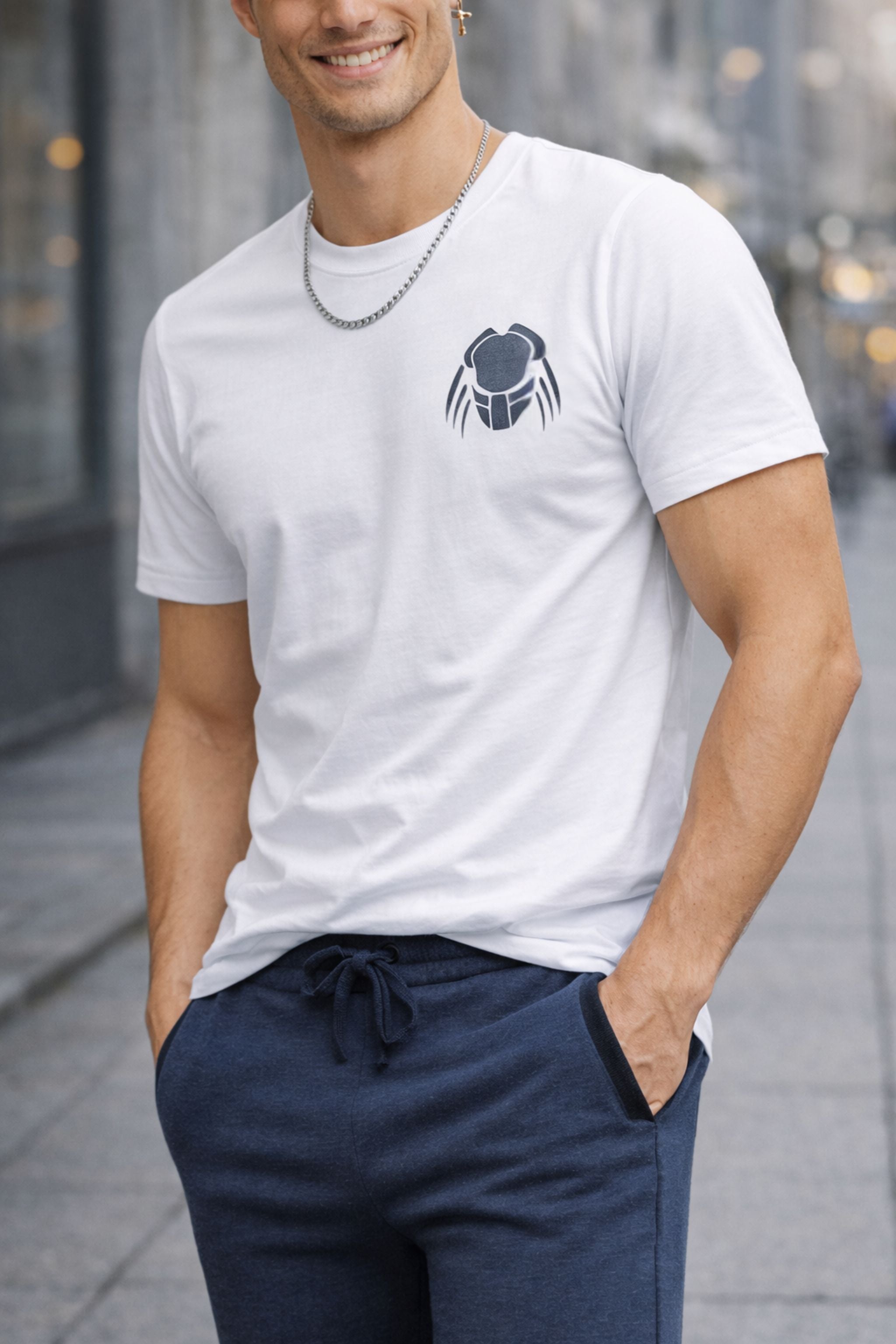 Men White Printed T-Shirt with Navy Blue Joggers Co-Ord Set