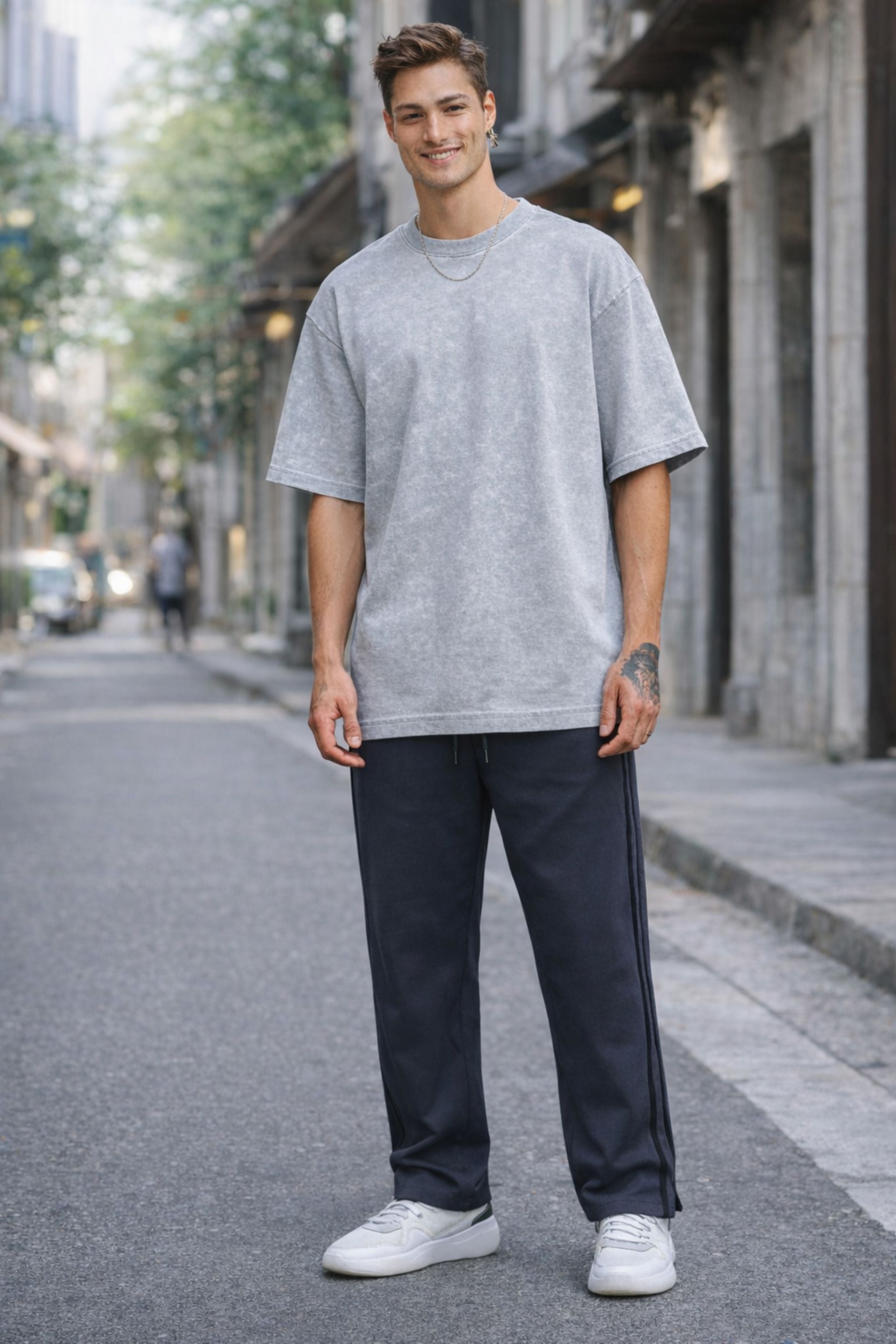Men Minimal Relaxed Fit Co-Ord Set with Oversized Grey T-Shirt and Track Pants