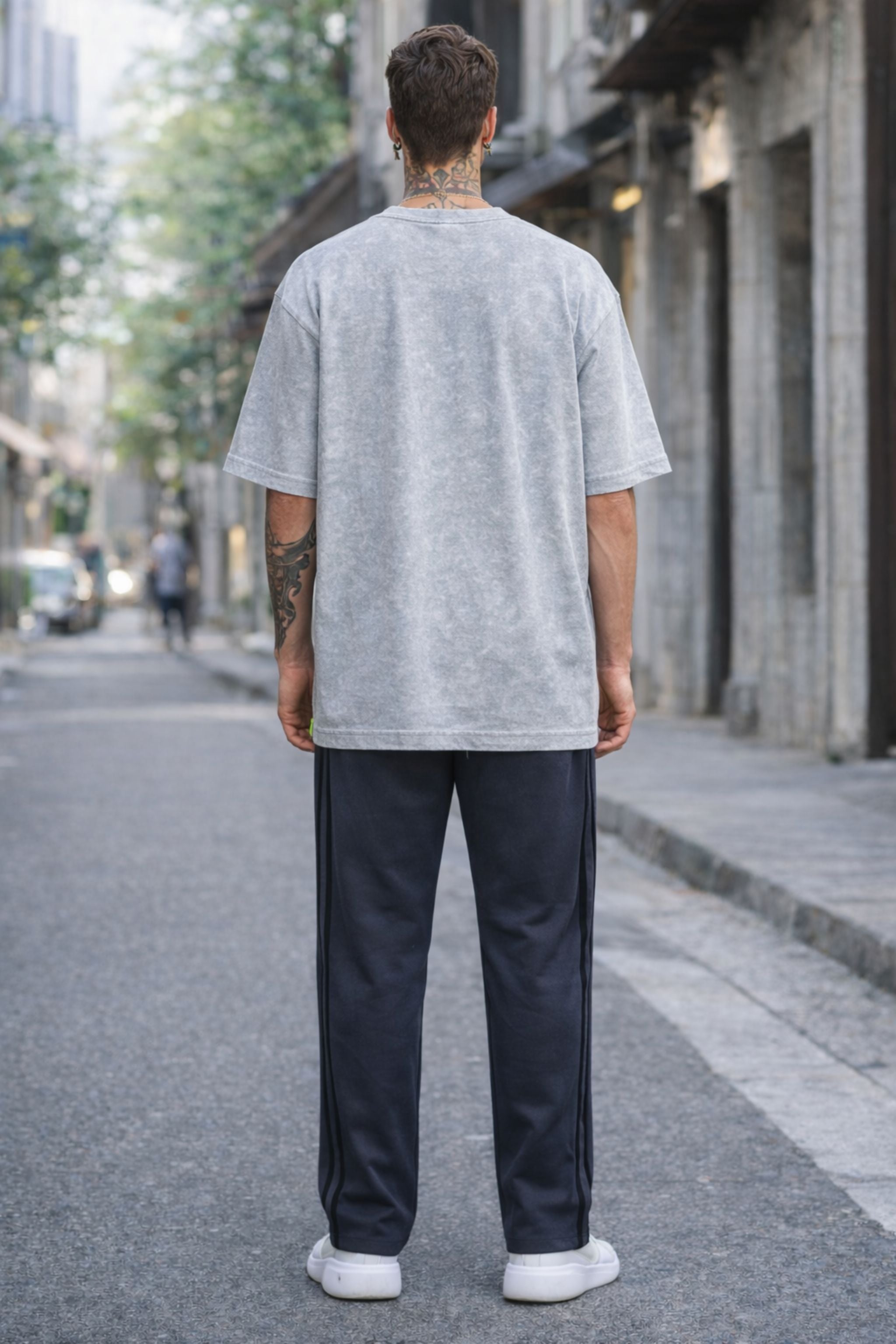 Men Minimal Relaxed Fit Co-Ord Set with Oversized Grey T-Shirt and Track Pants