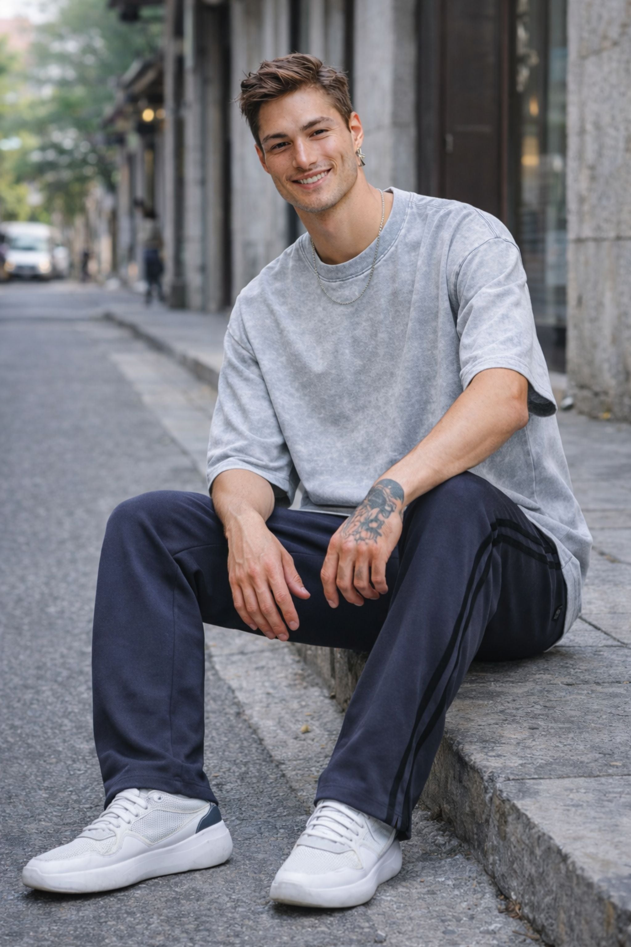 Men Minimal Relaxed Fit Co-Ord Set with Oversized Grey T-Shirt and Track Pants