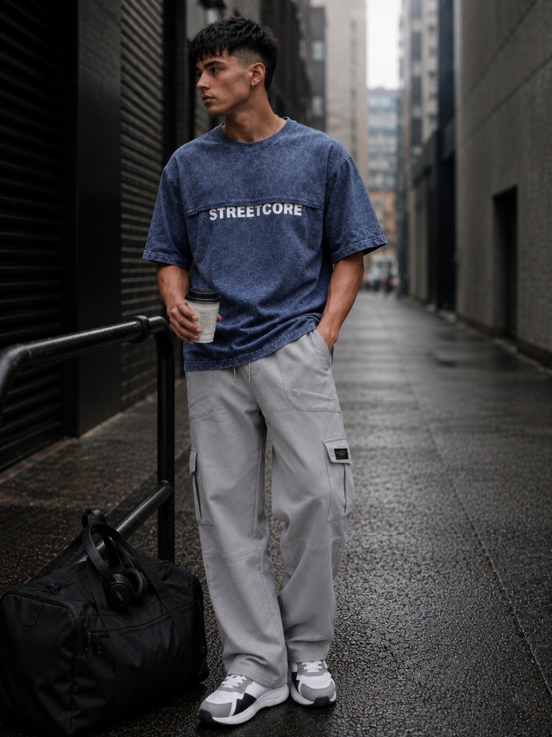 Men's Acid Wash Oversized T-Shirt & Cargo Loose fit Track Pant Streetwear Co-ord Set