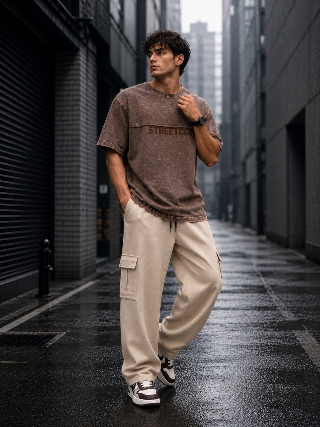 Men's Brown Acid Wash Oversized T-Shirt & Beige Cargo Loose fit Track Pant Streetwear Co-ord Set