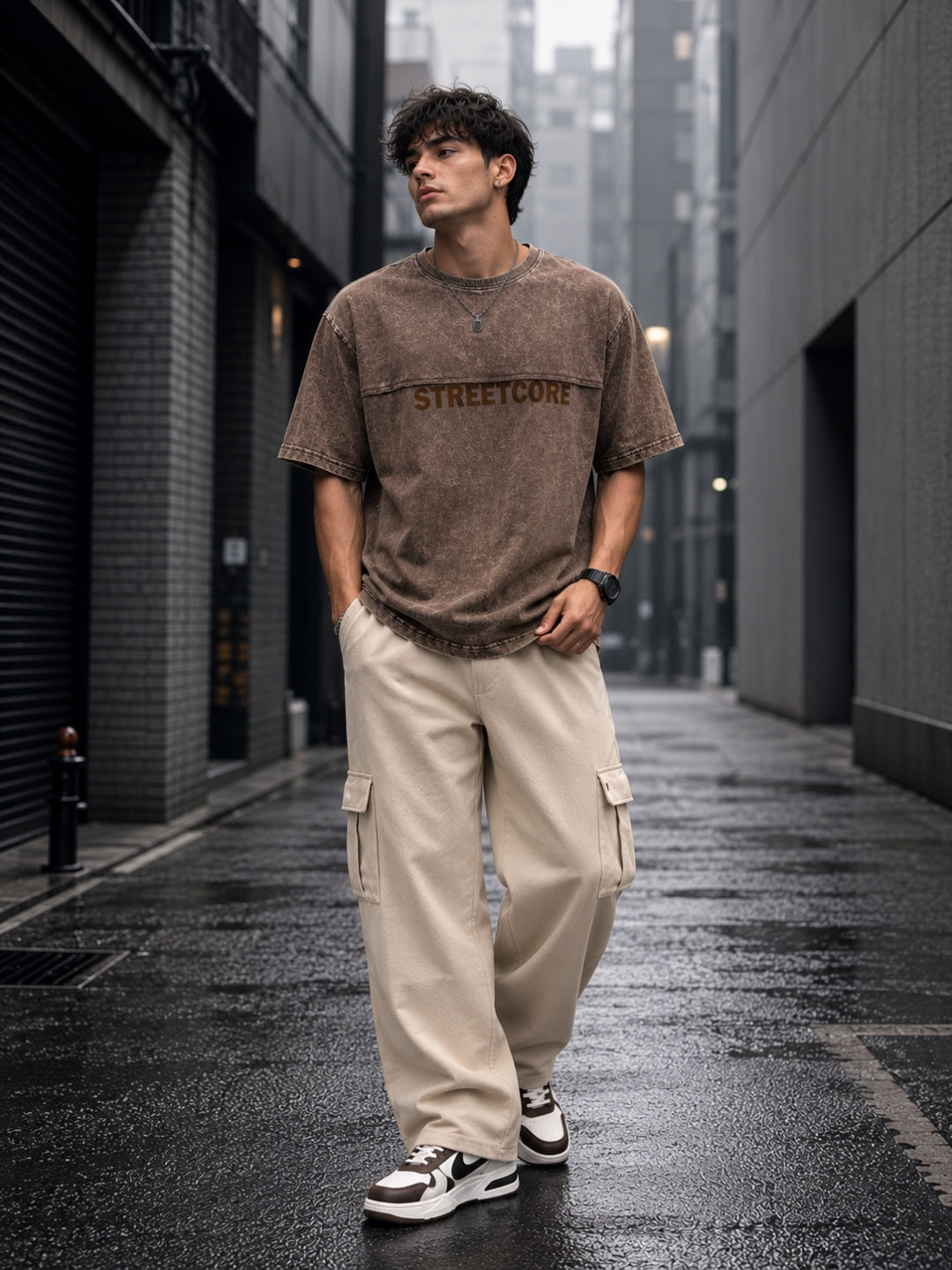 Men's Brown Acid Wash Oversized T-Shirt & Beige Cargo Loose fit Track Pant Streetwear Co-ord Set