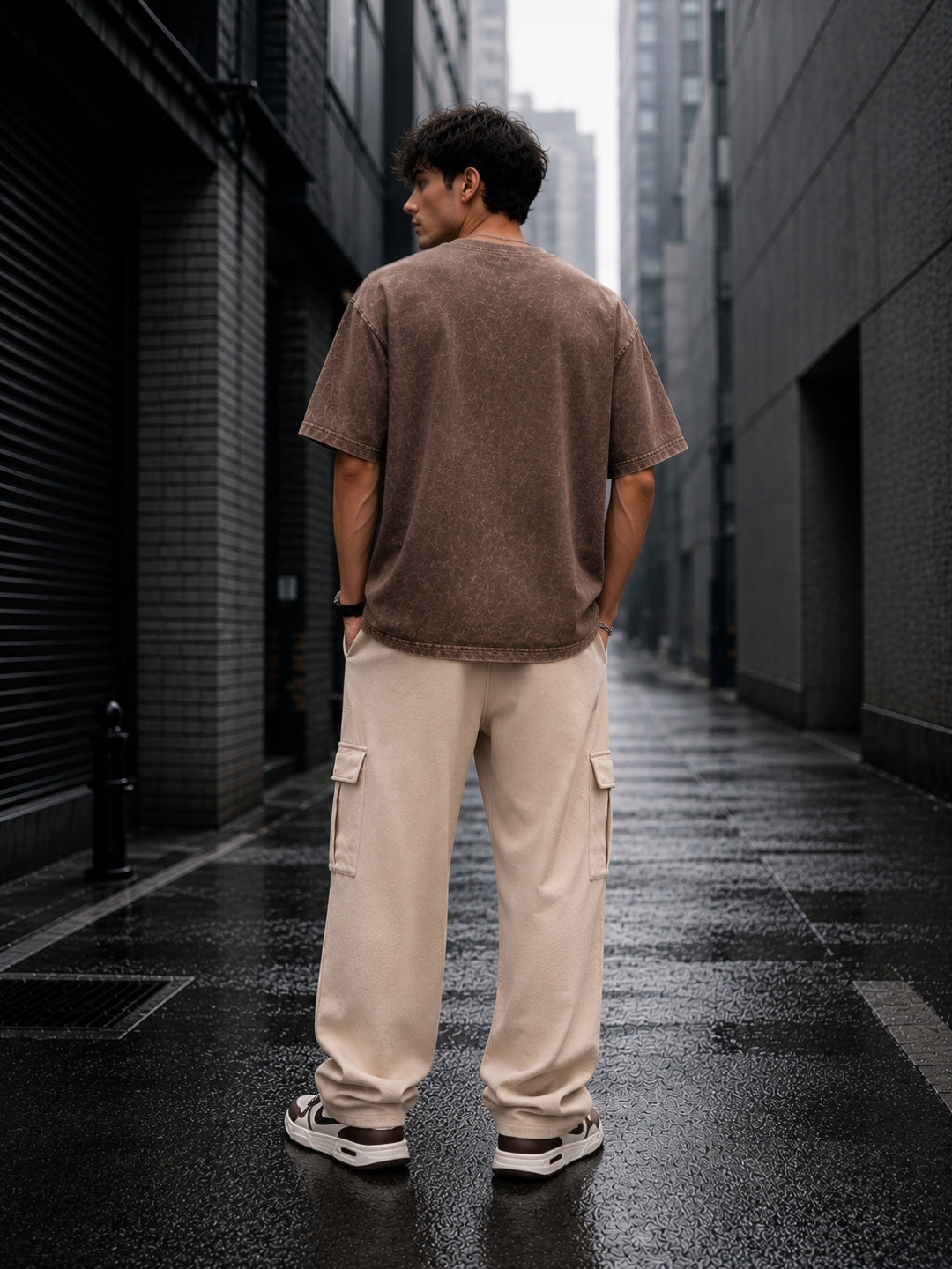 Men's Brown Acid Wash Oversized T-Shirt & Beige Cargo Loose fit Track Pant Streetwear Co-ord Set