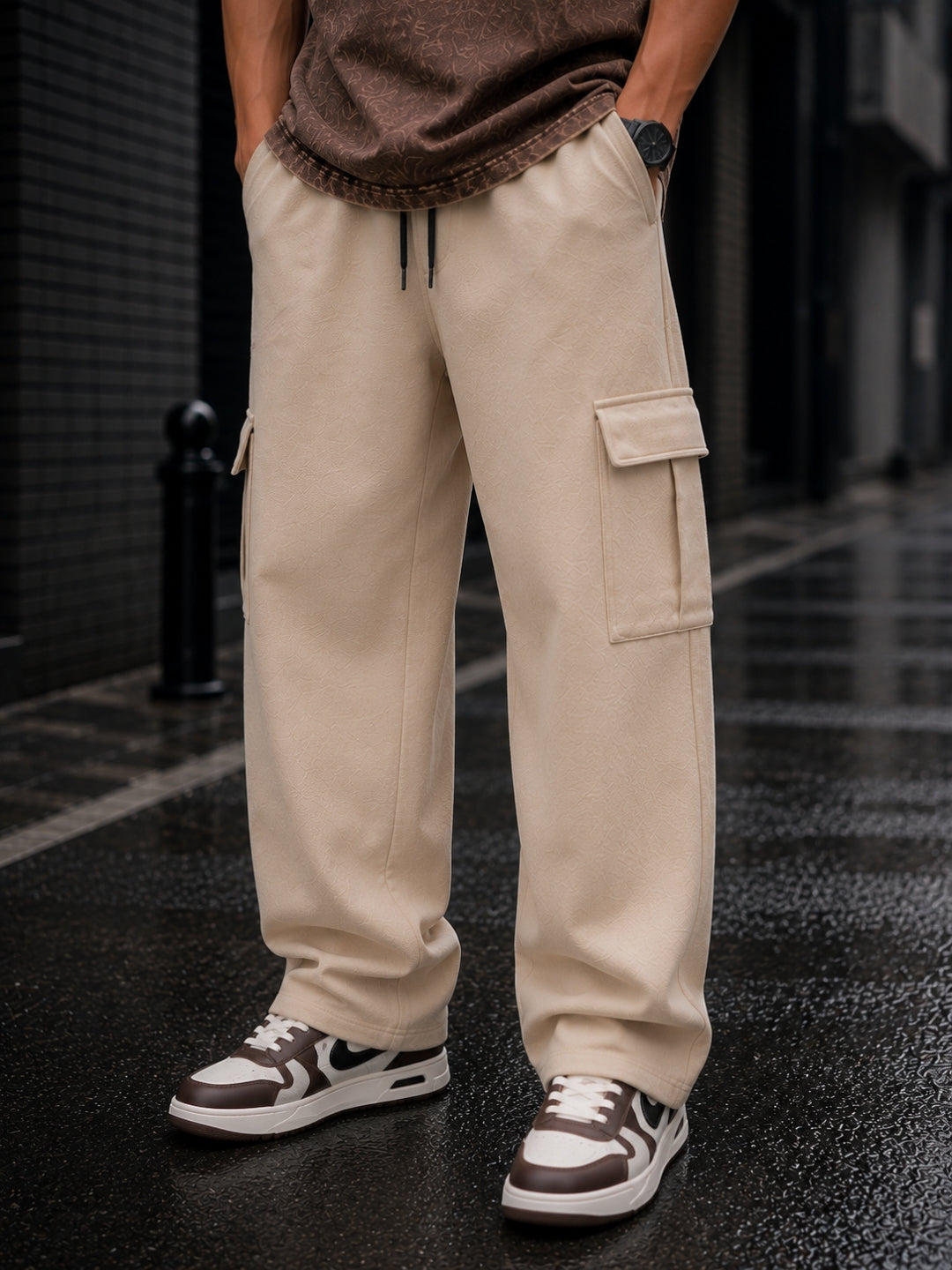 Men's Brown Acid Wash Oversized T-Shirt & Beige Cargo Loose fit Track Pant Streetwear Co-ord Set