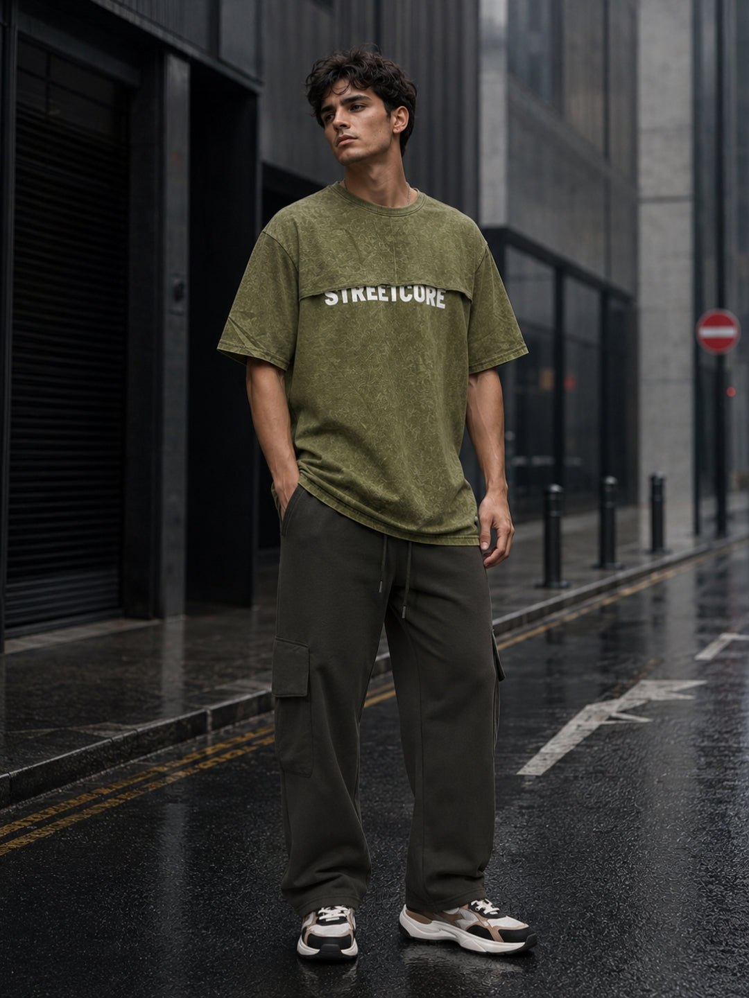 Men's Olive Acid Wash Oversized T-Shirt & Cargo Loose fit Track Pant Streetwear Co-ord Set