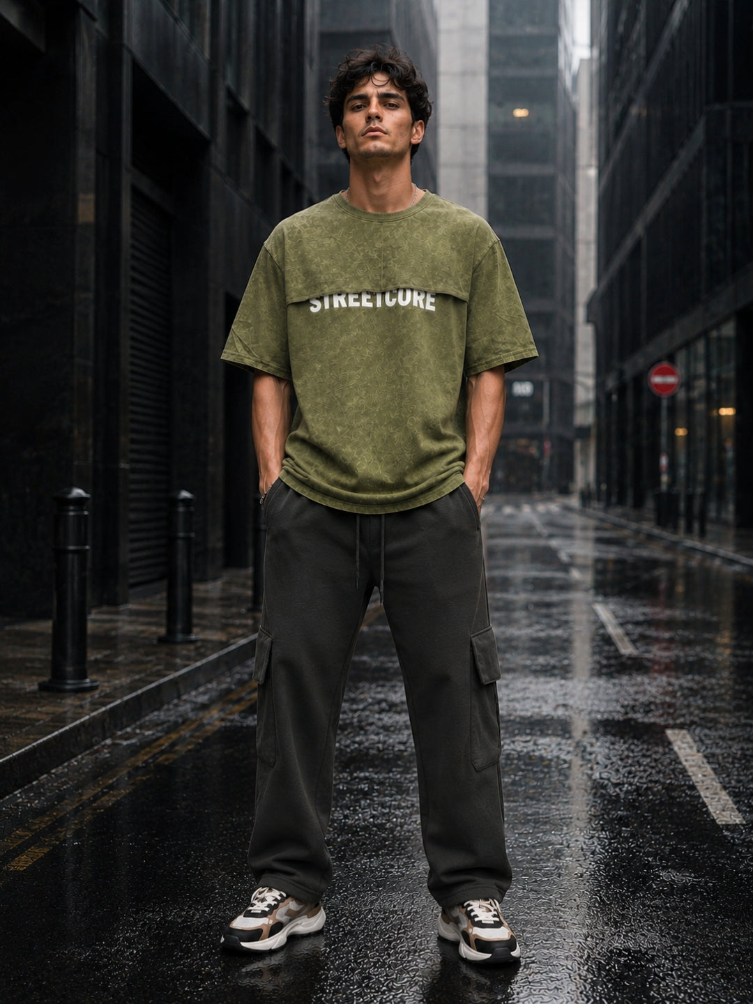 Men's Olive Acid Wash Oversized T-Shirt & Cargo Loose fit Track Pant Streetwear Co-ord Set