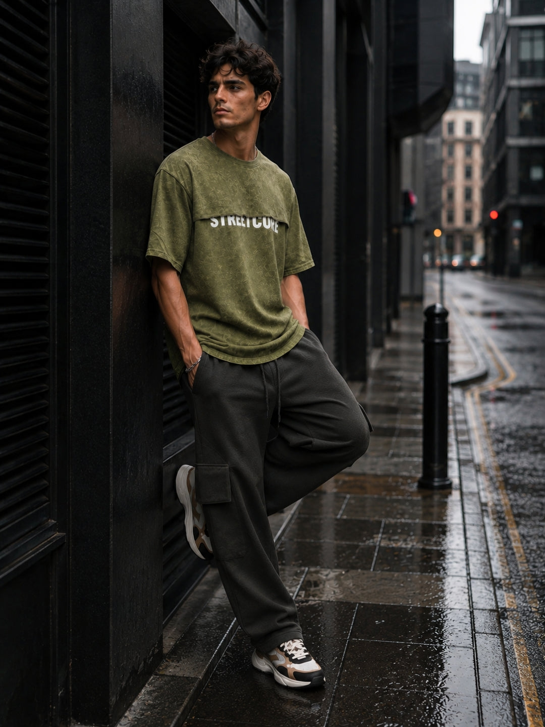 Men's Olive Acid Wash Oversized T-Shirt & Cargo Loose fit Track Pant Streetwear Co-ord Set