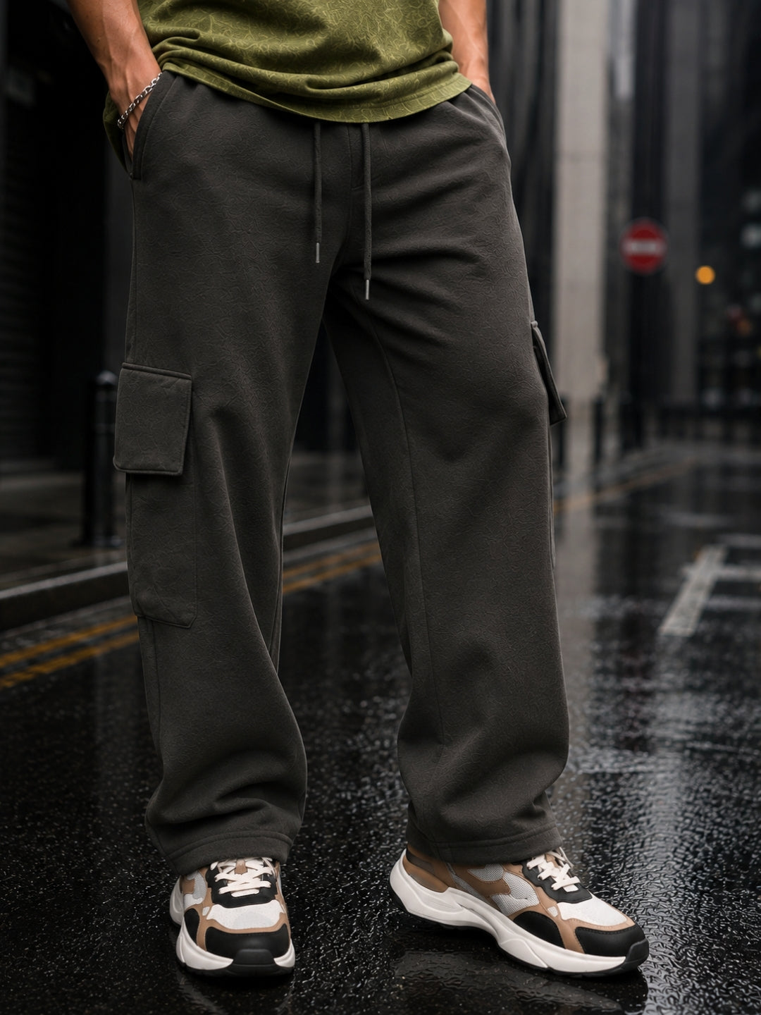Men's Olive Acid Wash Oversized T-Shirt & Cargo Loose fit Track Pant Streetwear Co-ord Set