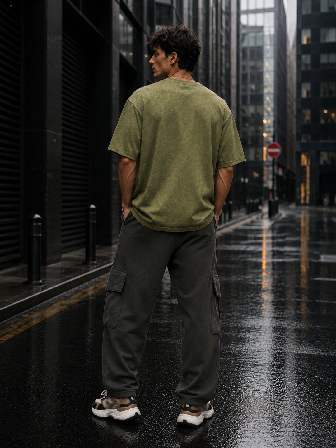 Men's Olive Acid Wash Oversized T-Shirt & Cargo Loose fit Track Pant Streetwear Co-ord Set