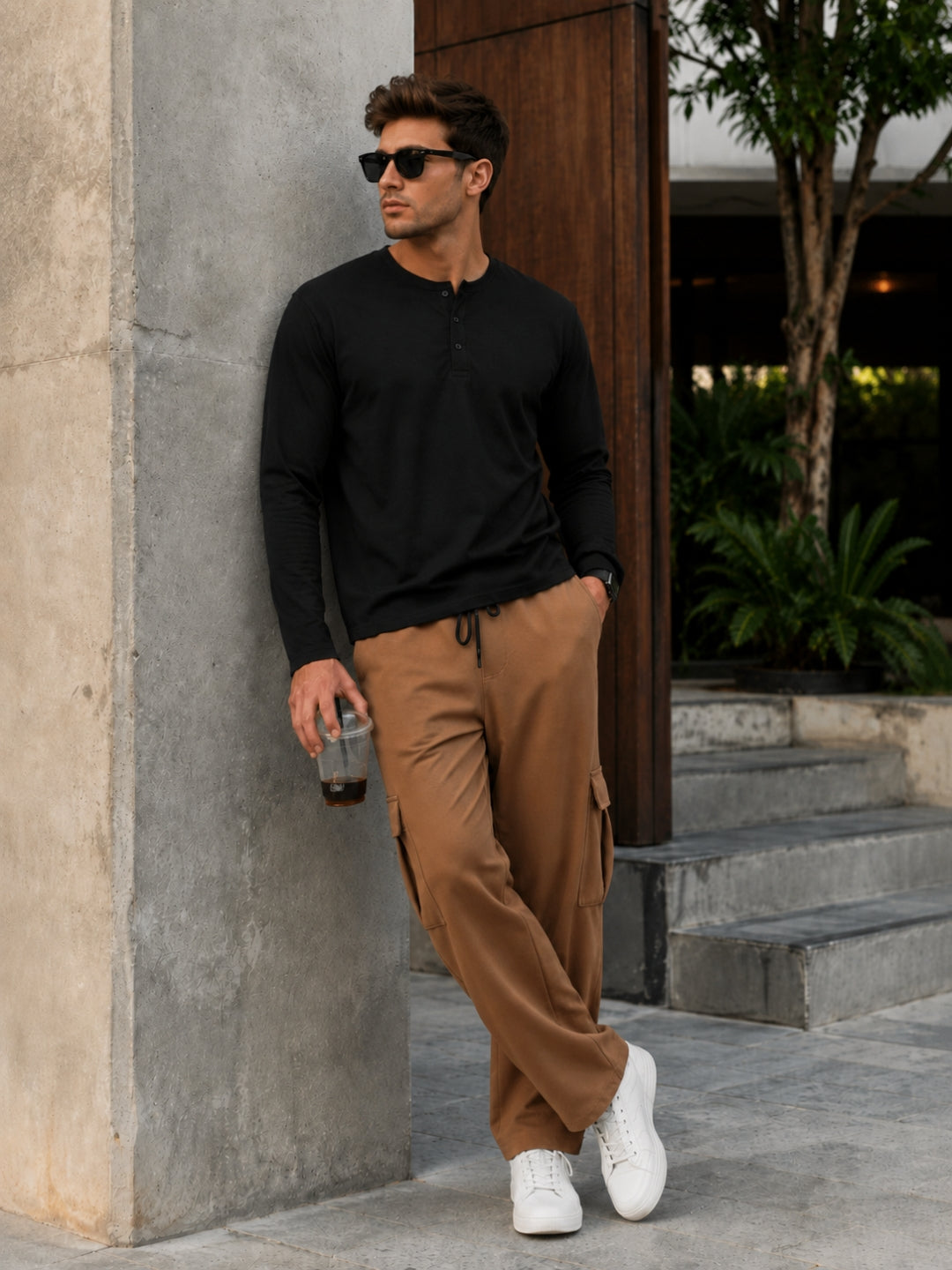 Men's Solid Full sleeve T-Shirt & Cargo Loose fit Track Pant Streetwear Co-ord Set
