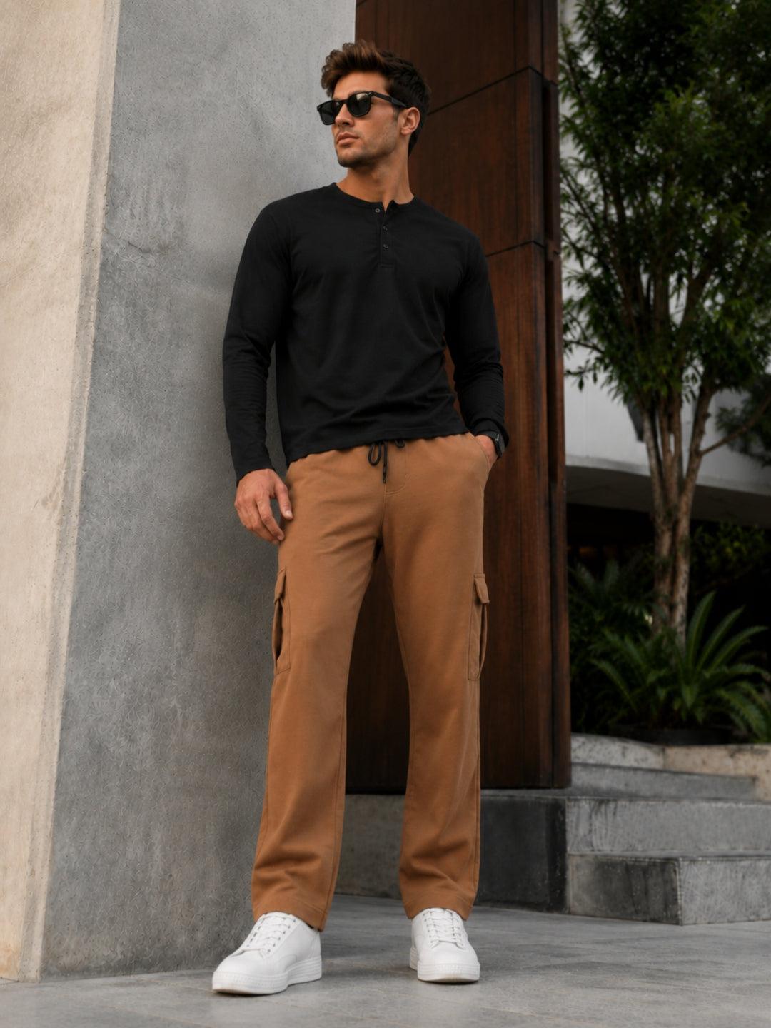 Men's Solid Full sleeve T-Shirt & Cargo Loose fit Track Pant Streetwear Co-ord Set