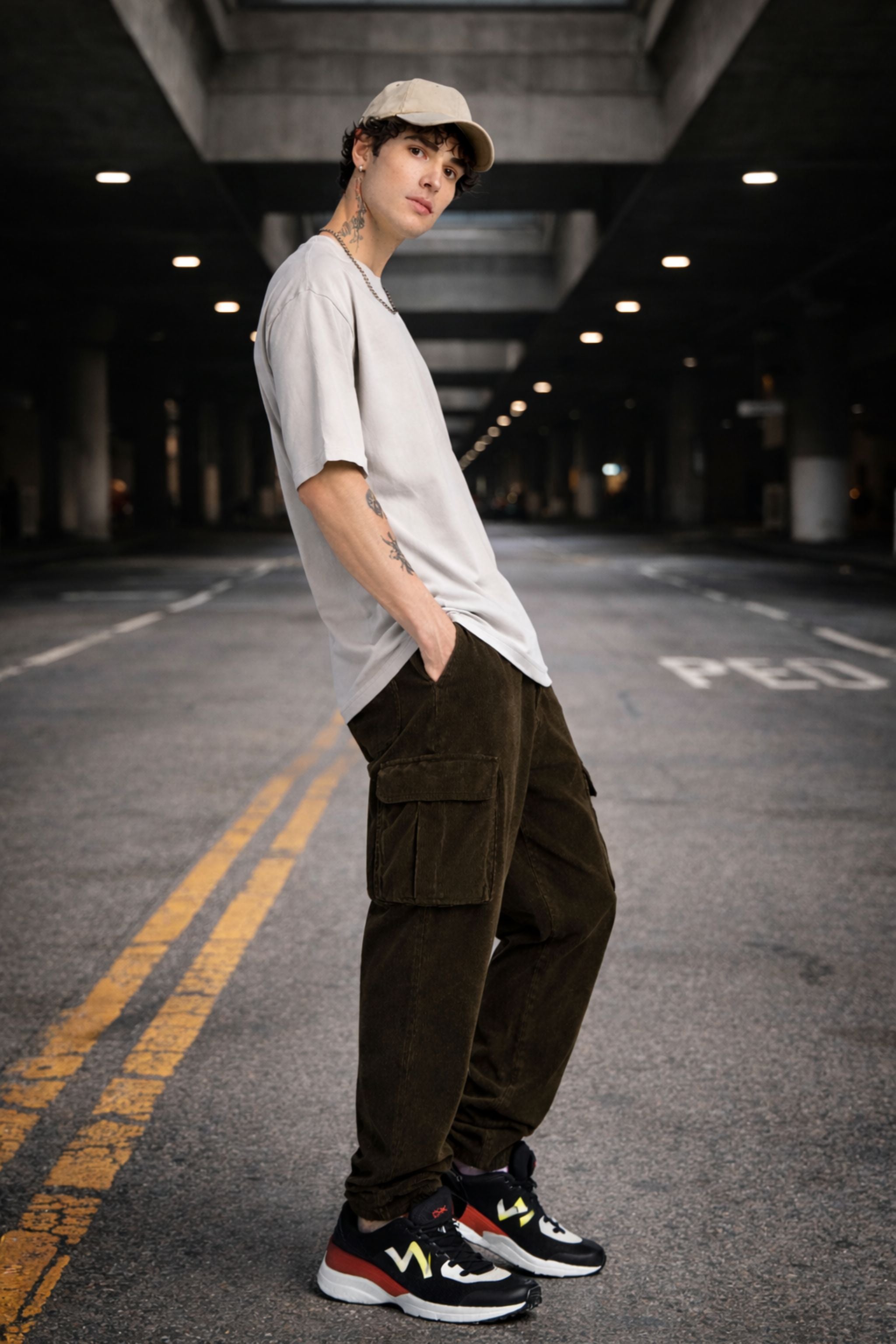 Men Grey Oversized T-Shirt & Cargo Pants Co-Ord Set