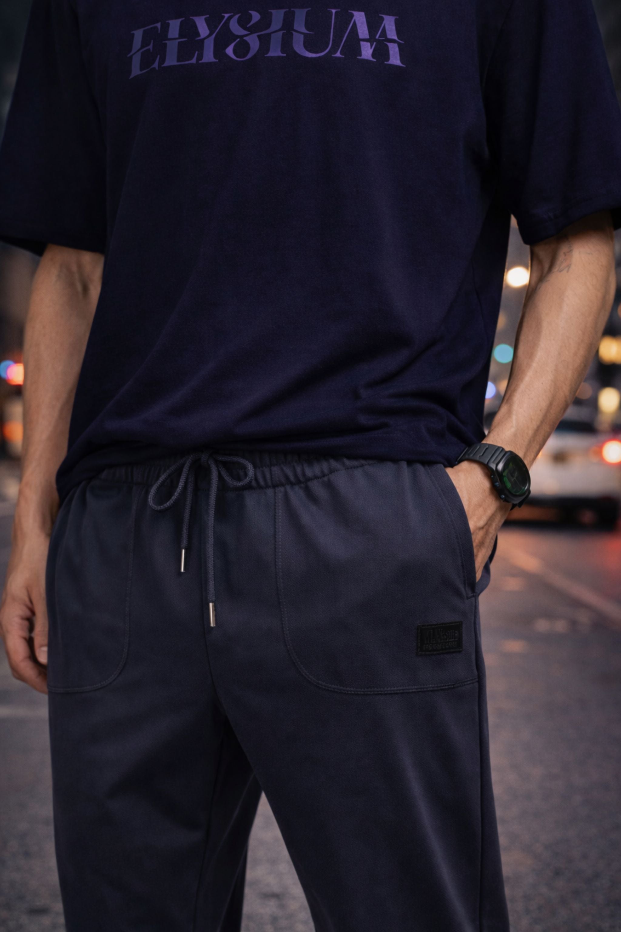 Men Urban Graphic Co-Ord Set with Navy Printed T-Shirt and Charcoal Track Pants